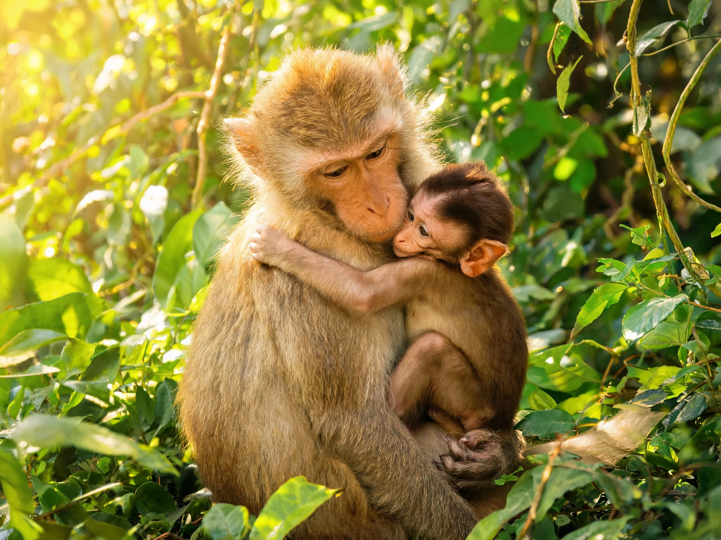 A mother monkey cradles her infant amid dense green foliage
