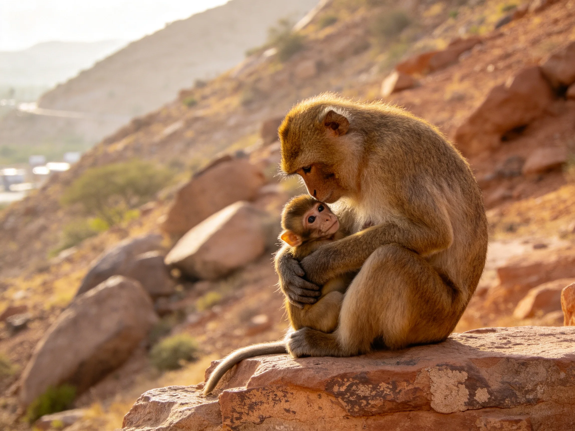 A mother monkey cuddles her baby on a reddish stone ledge