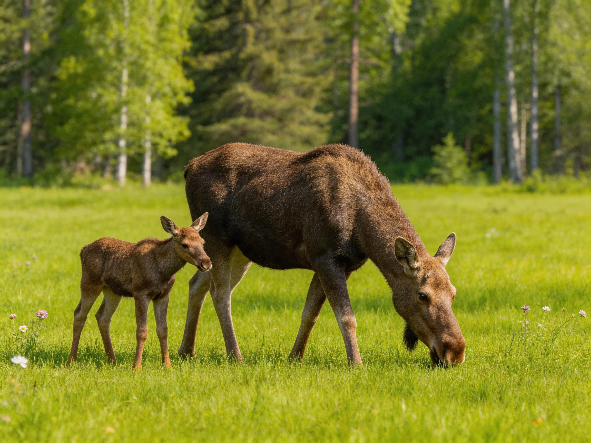 A mother moose and her calf graze together in a sunlit meadow.