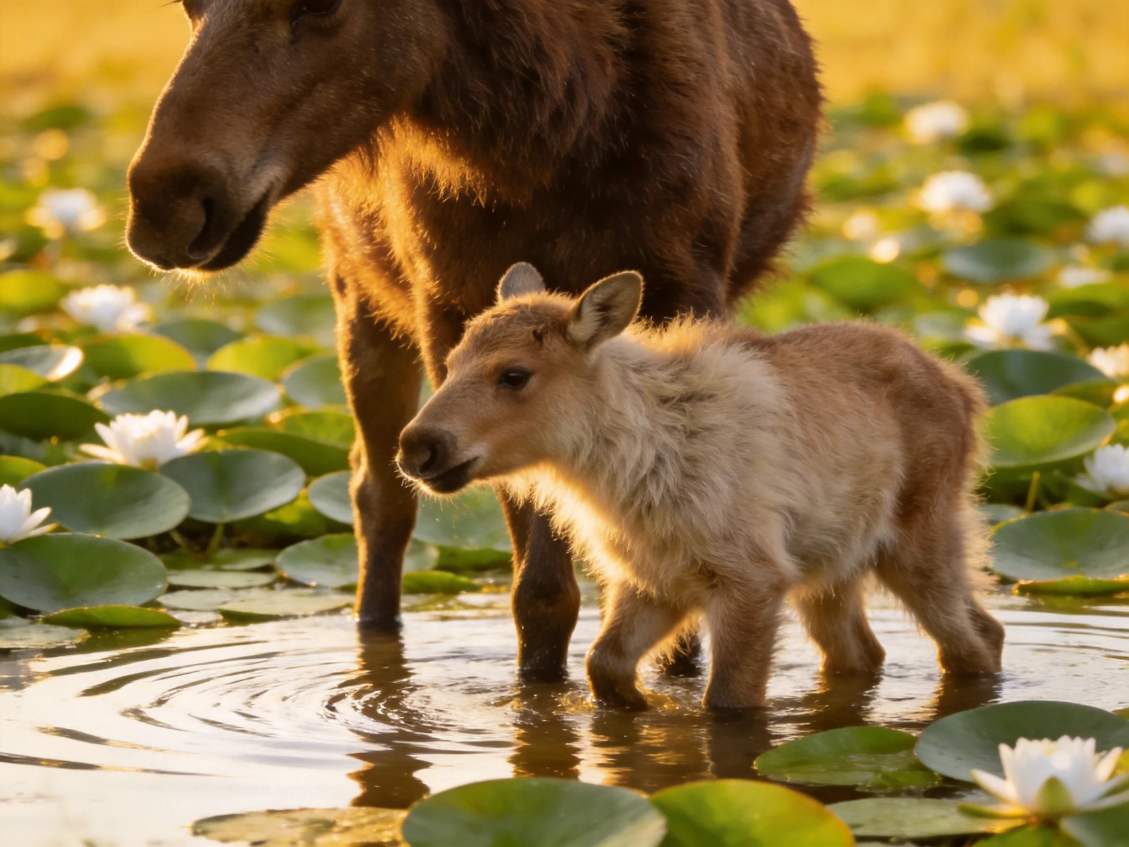A mother moose and her calf wade through water lilies in golden light