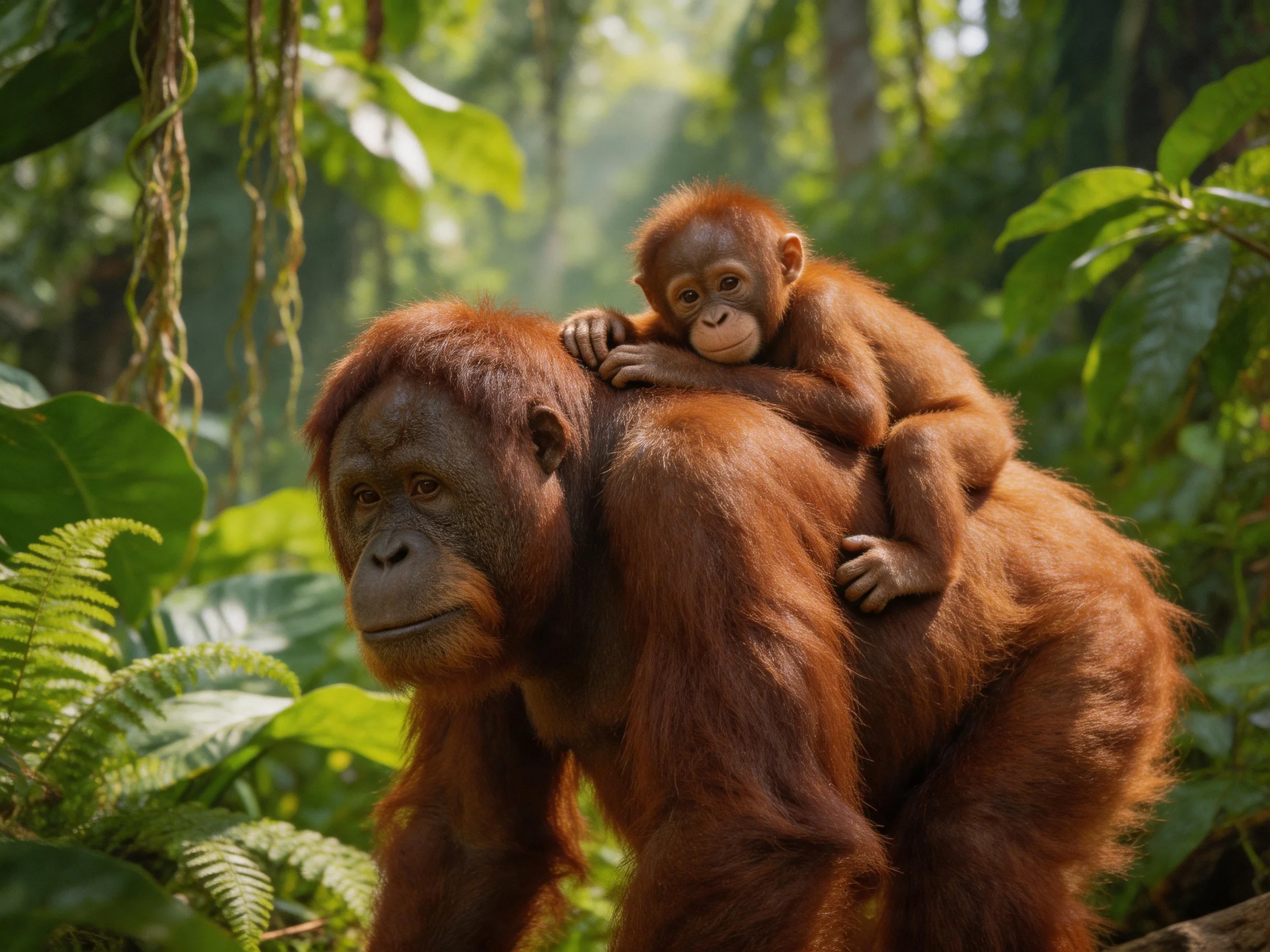 A mother orangutan and baby orangutan in dense green foliage