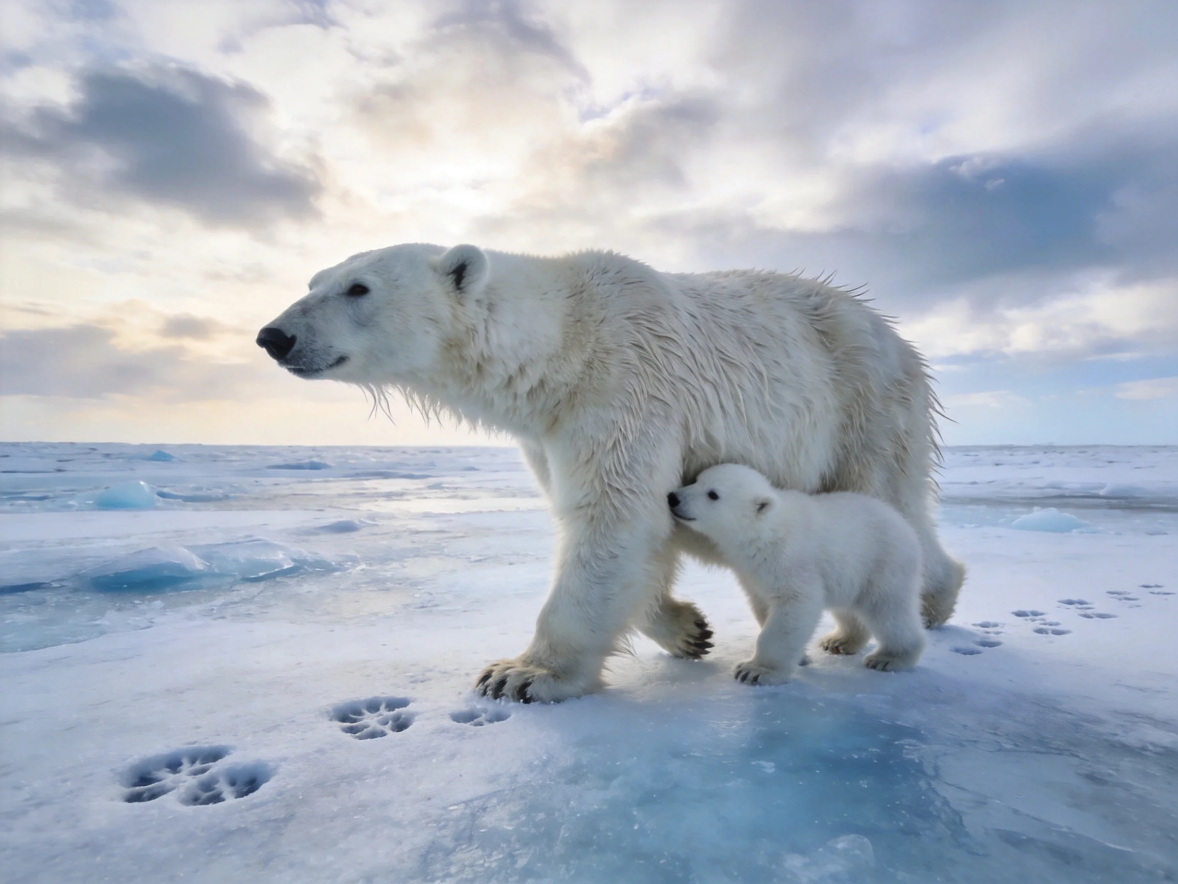 A mother polar bear and cub walk on icy Arctic ice under cloudy skies