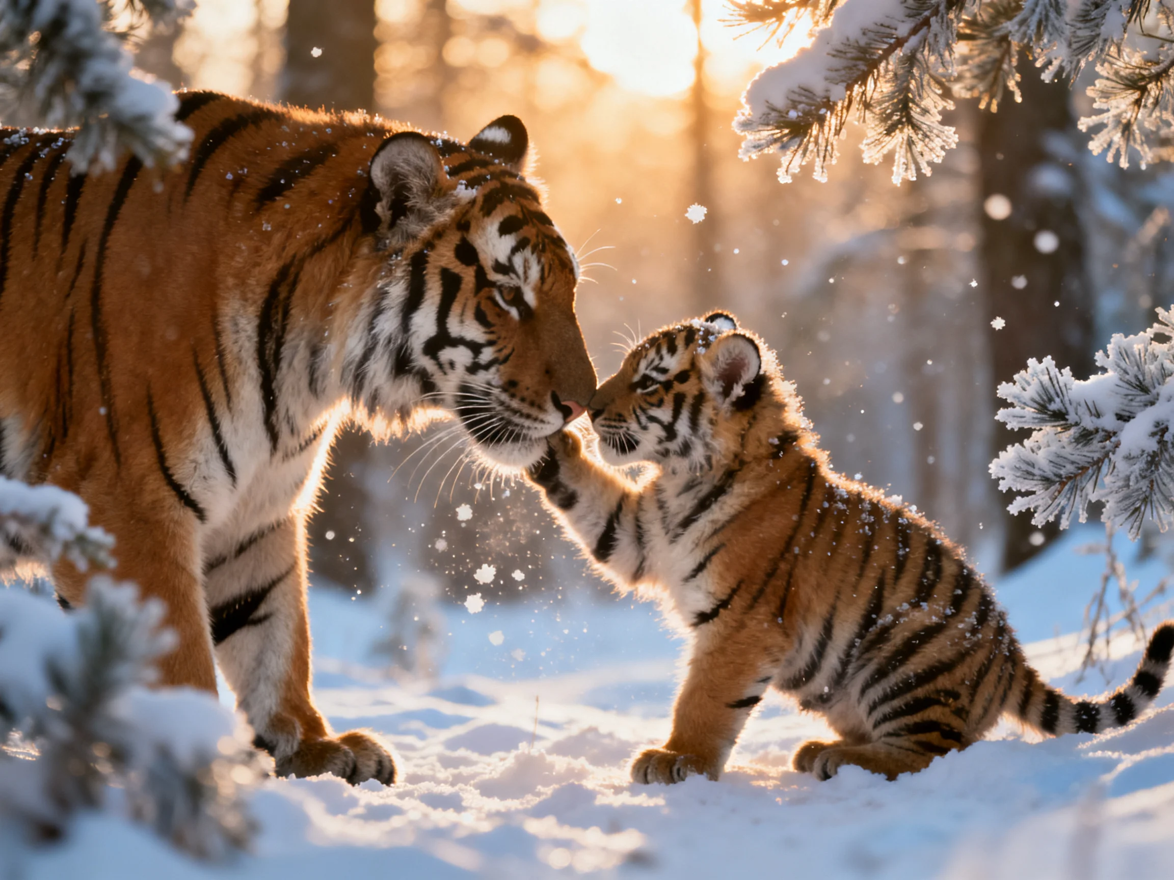 An adult tiger and cub share an intimate moment in a snowy forest.