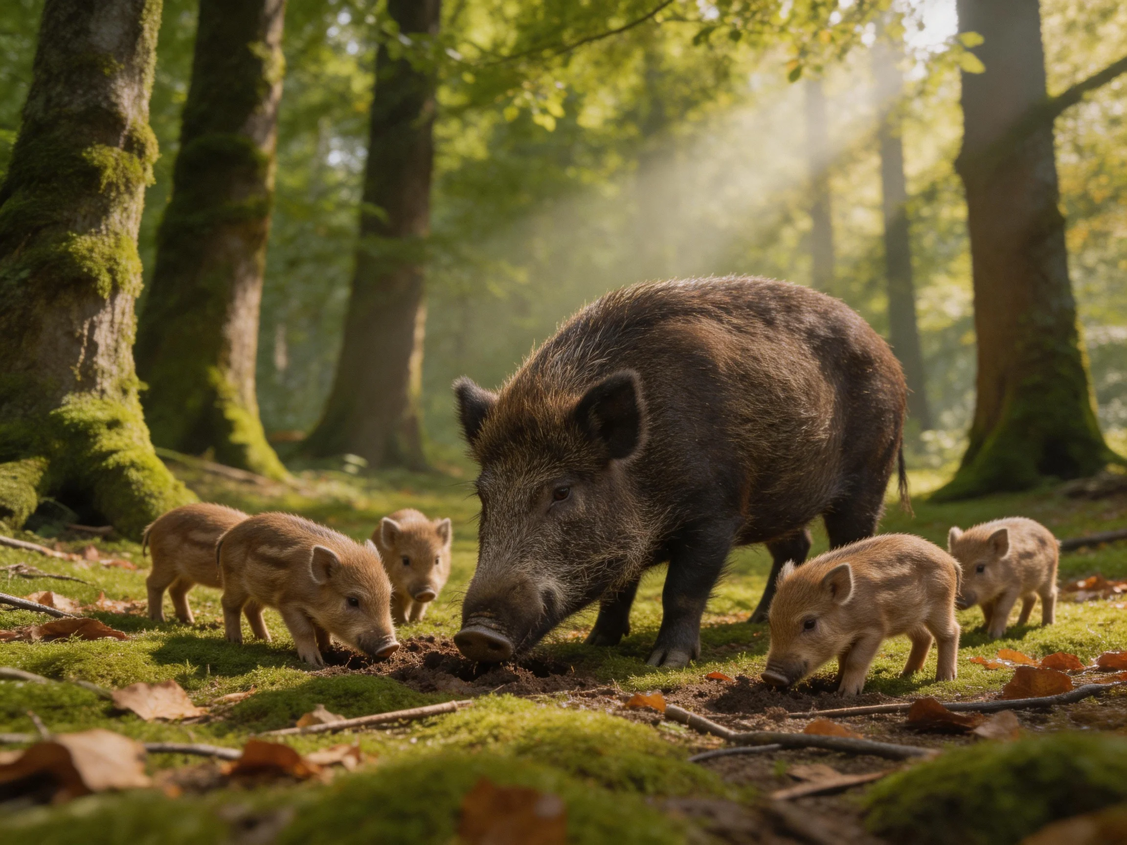 A mother wild boar and five piglets forage in a mossy forest glade