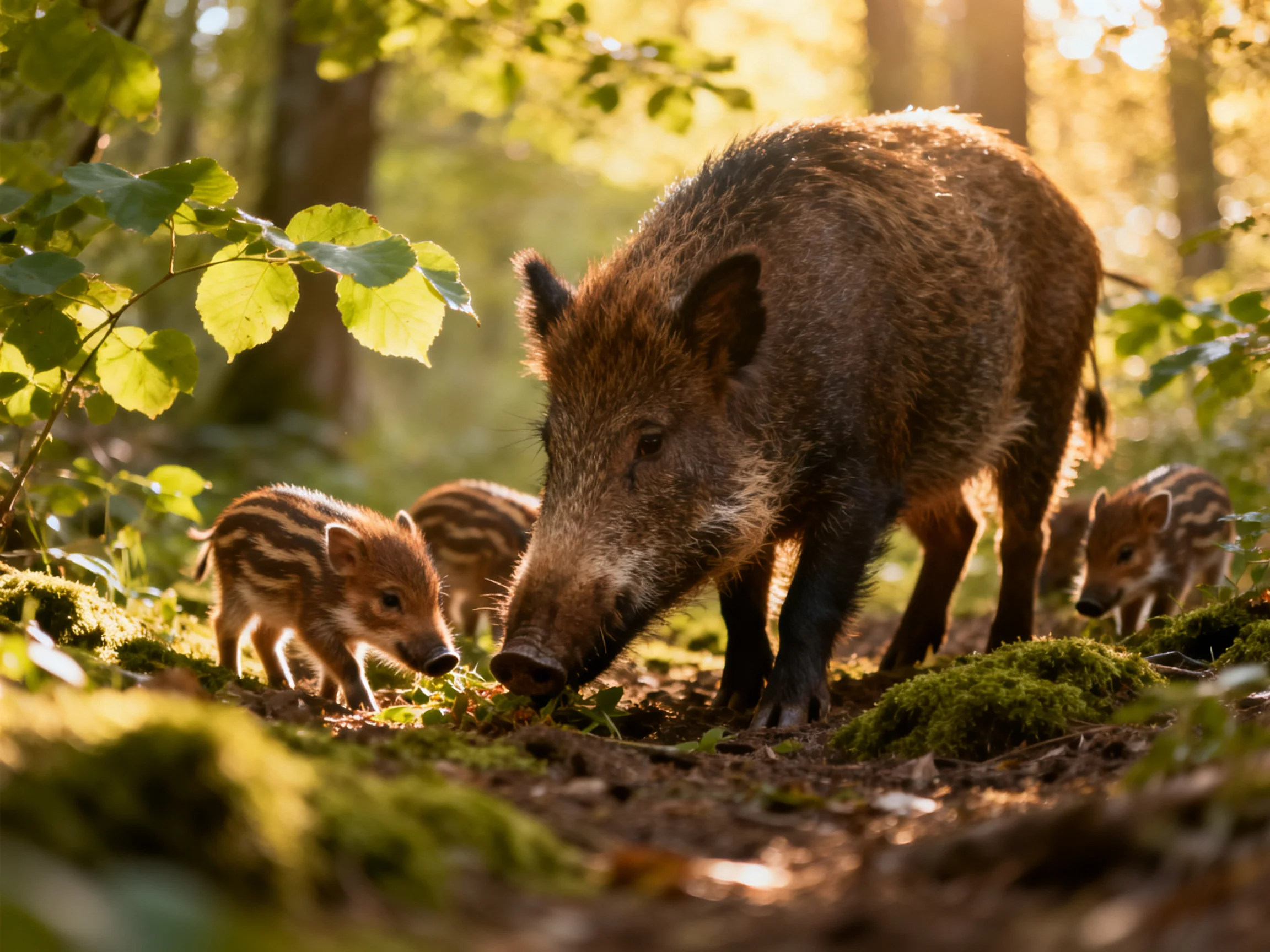 A mother wild boar and three piglets forage in a sunlit forest glade