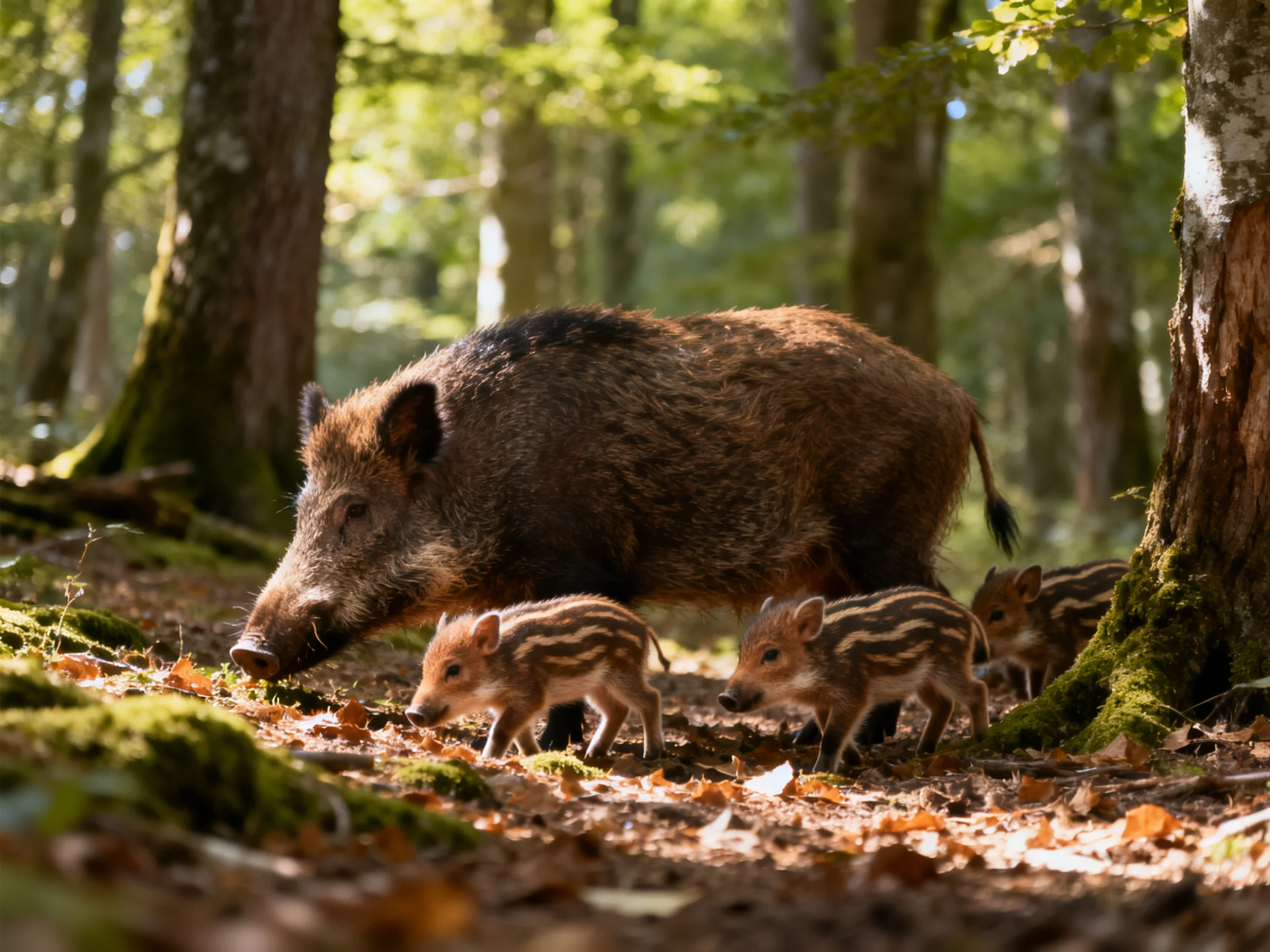 A mother wild boar guides her three young piglets through a sun-dappled forest.