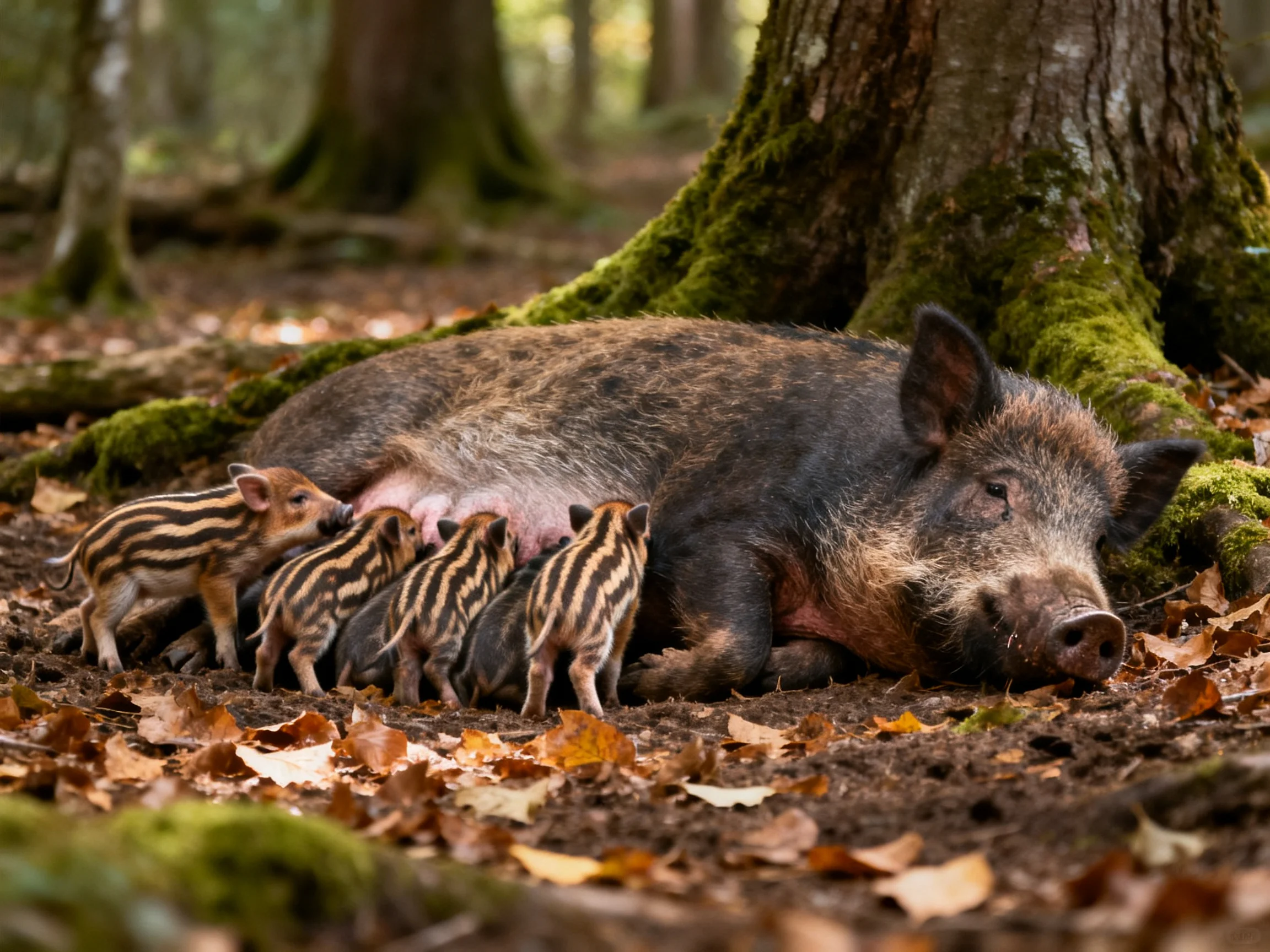 A mother wild boar nurses piglets near mossy forest trees