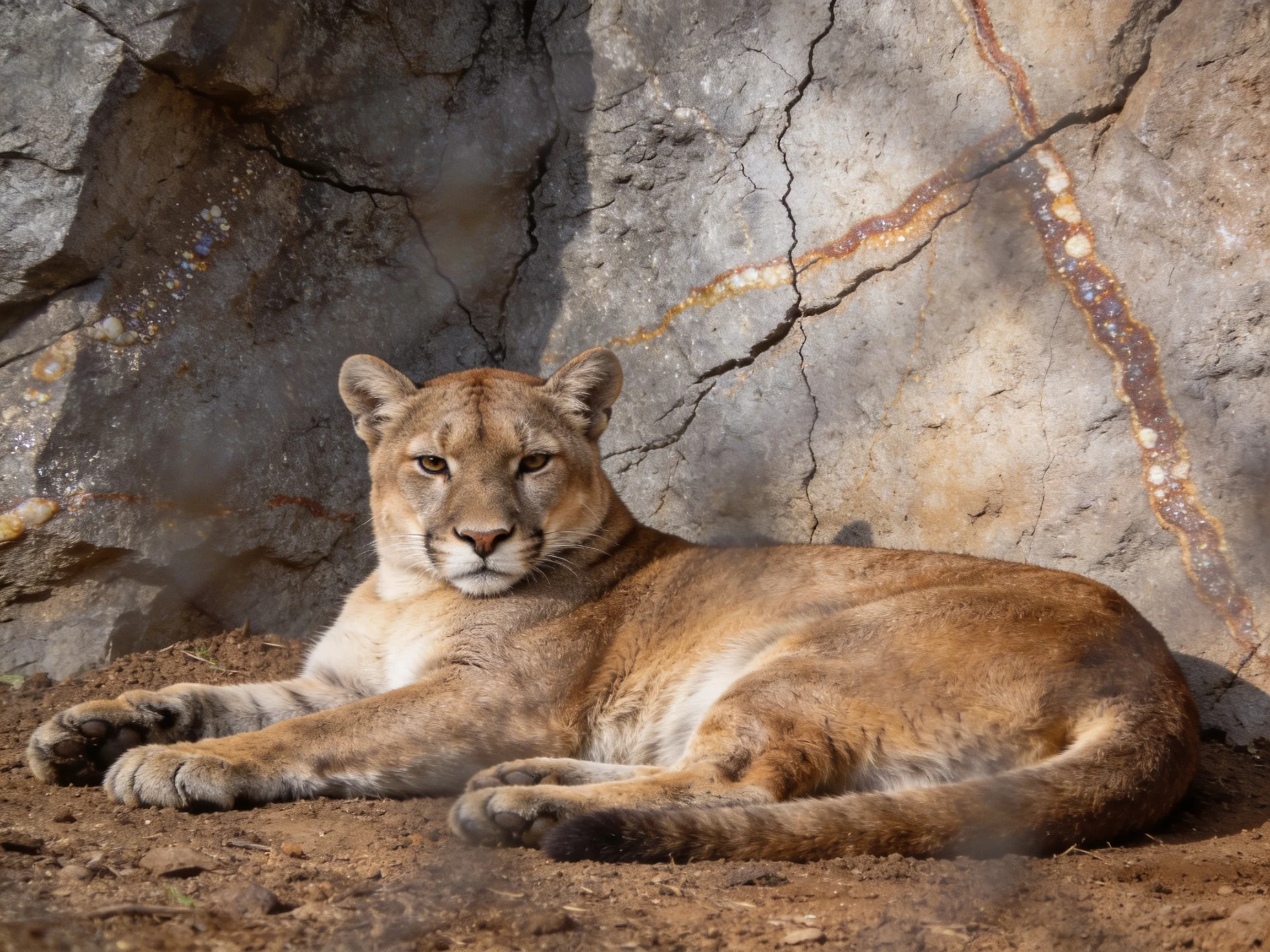A mountain lion lies near a large cracked gray rock wall