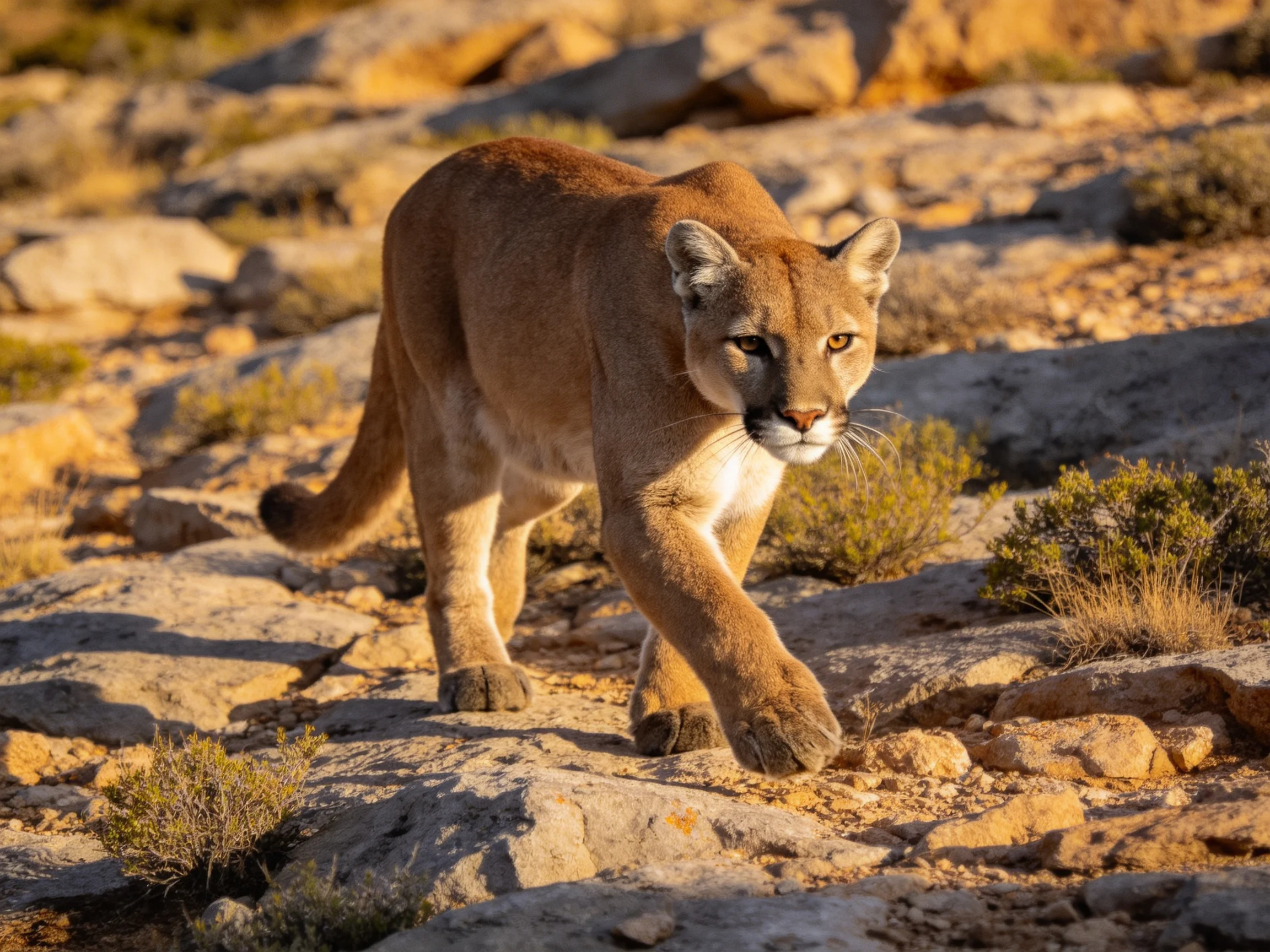 A mountain lion roams rocky terrain under golden sunlight