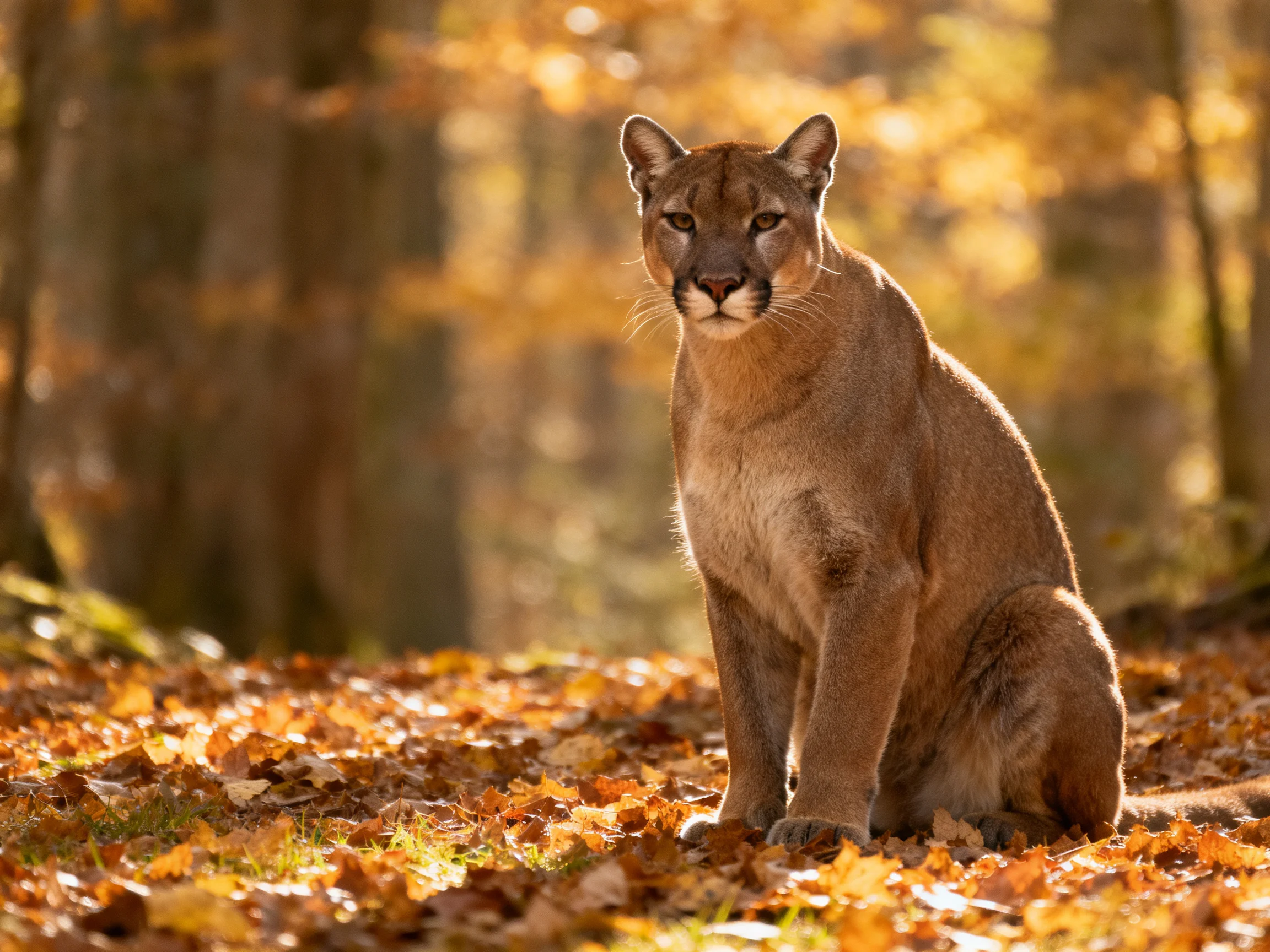 A mountain lion sits amid golden autumn leaves in a sun-dappled forest.