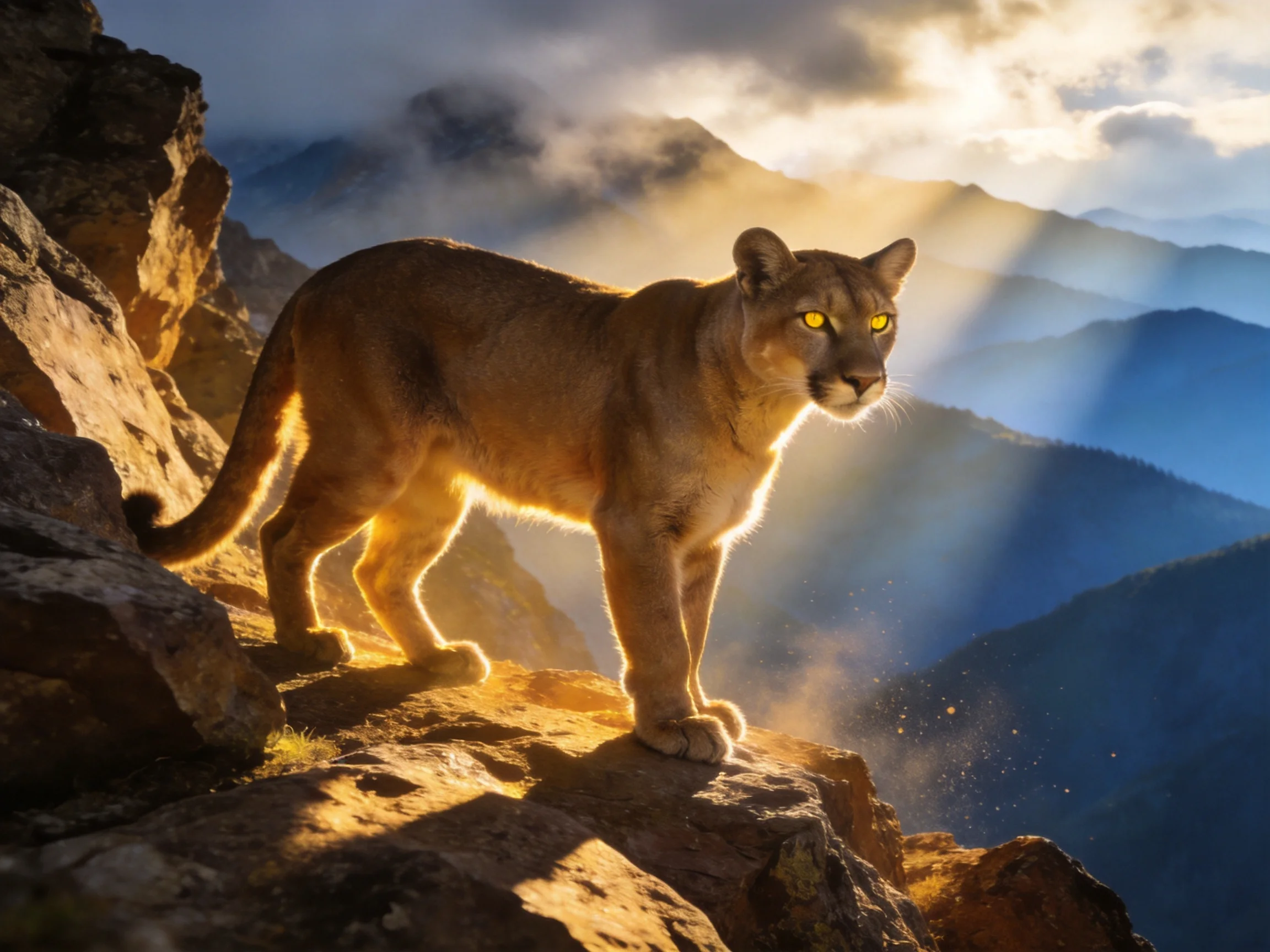 A mountain lion stands on rocky cliffs with sunbeams illuminating distant mountains