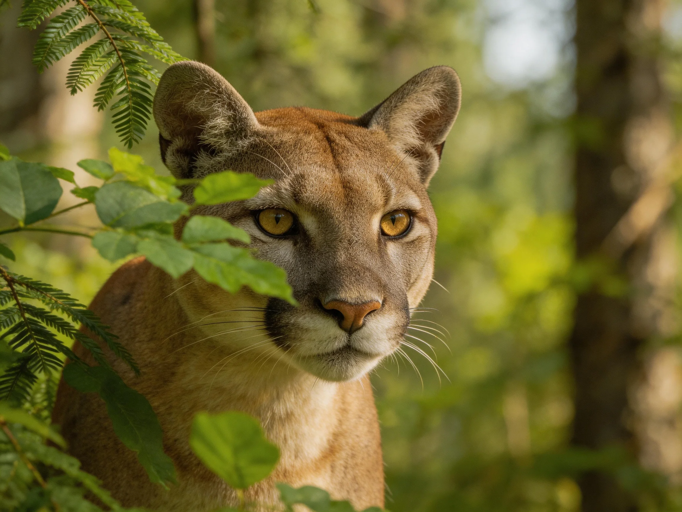 A mountain lion with amber eyes observes from dense greenery in a sunlit woodland.