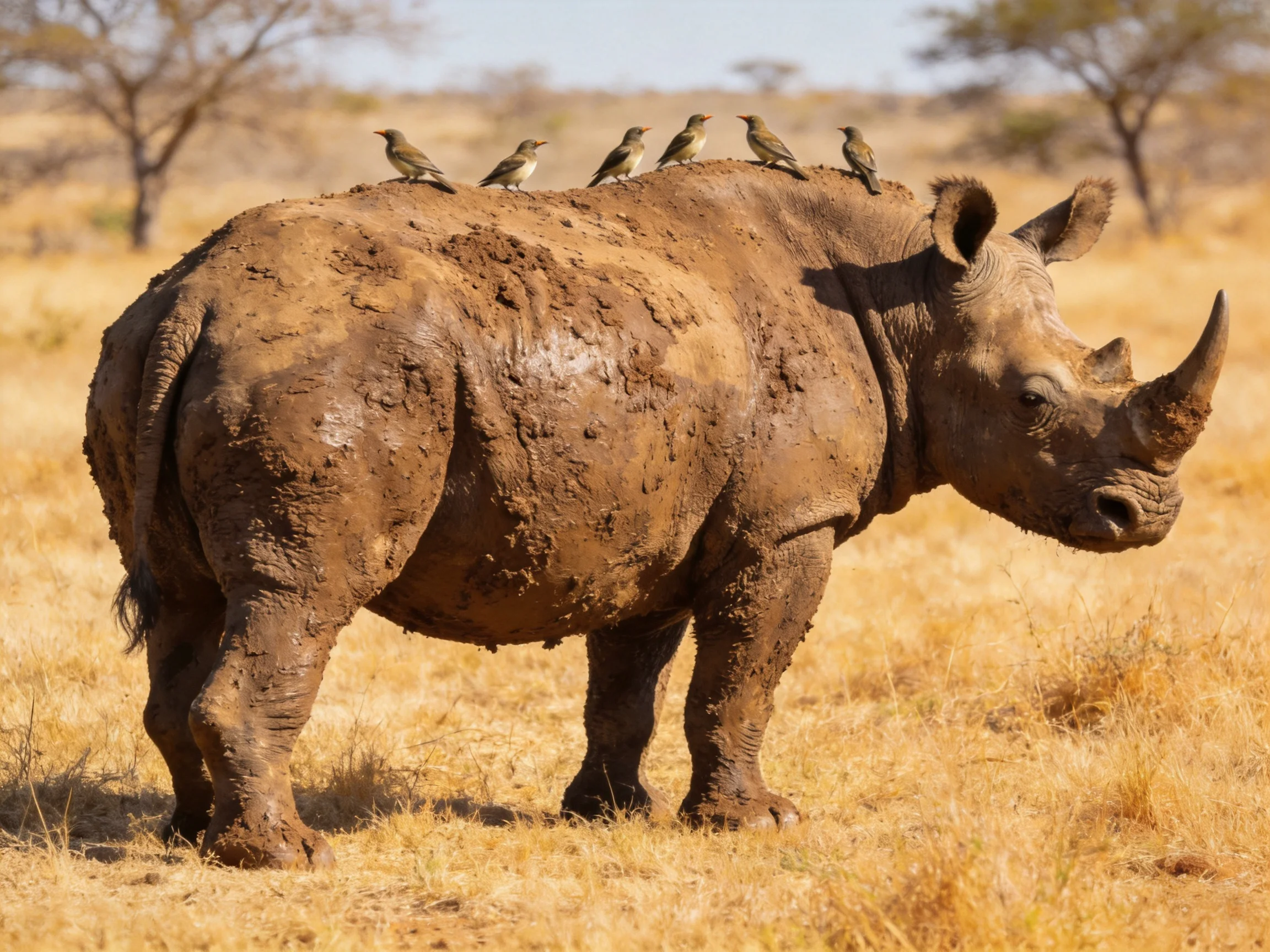 A mud-clad rhinoceros with six birds resting in an arid savannah