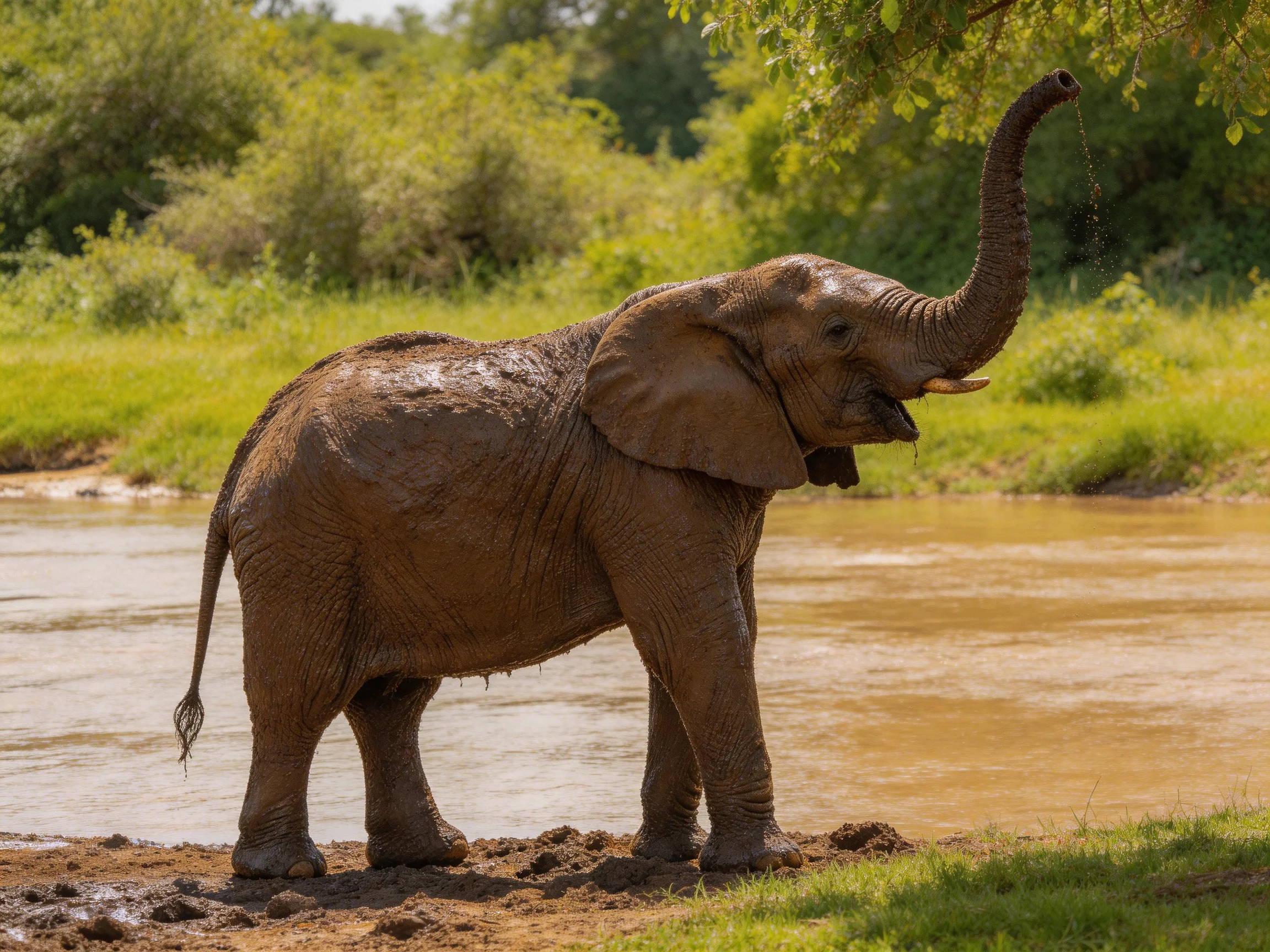 A mud-coated elephant stands by a brown river amid green foliage