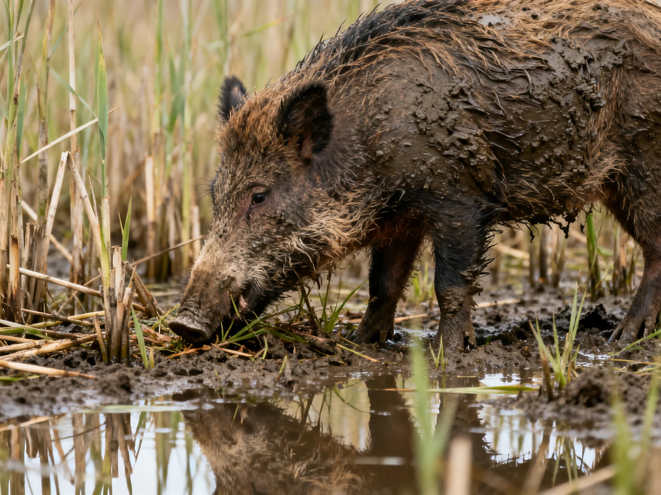 A mud-coated wild boar forages near tall reeds by shallow water