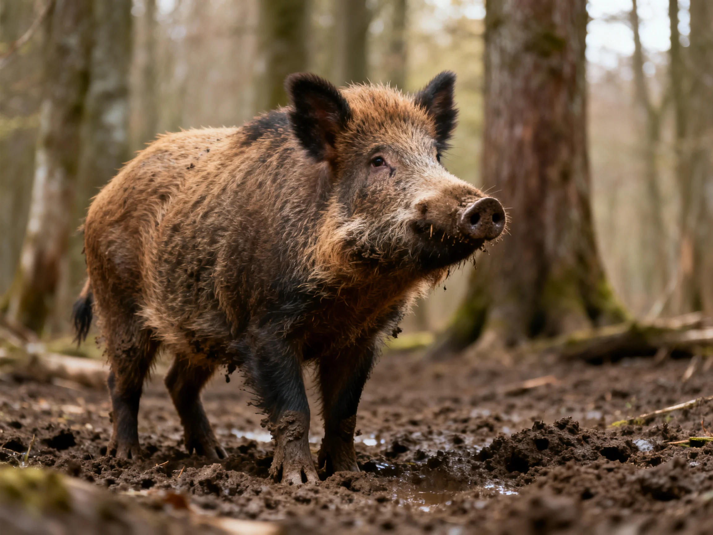 A mud-covered wild boar stands amid earthy forest terrain.