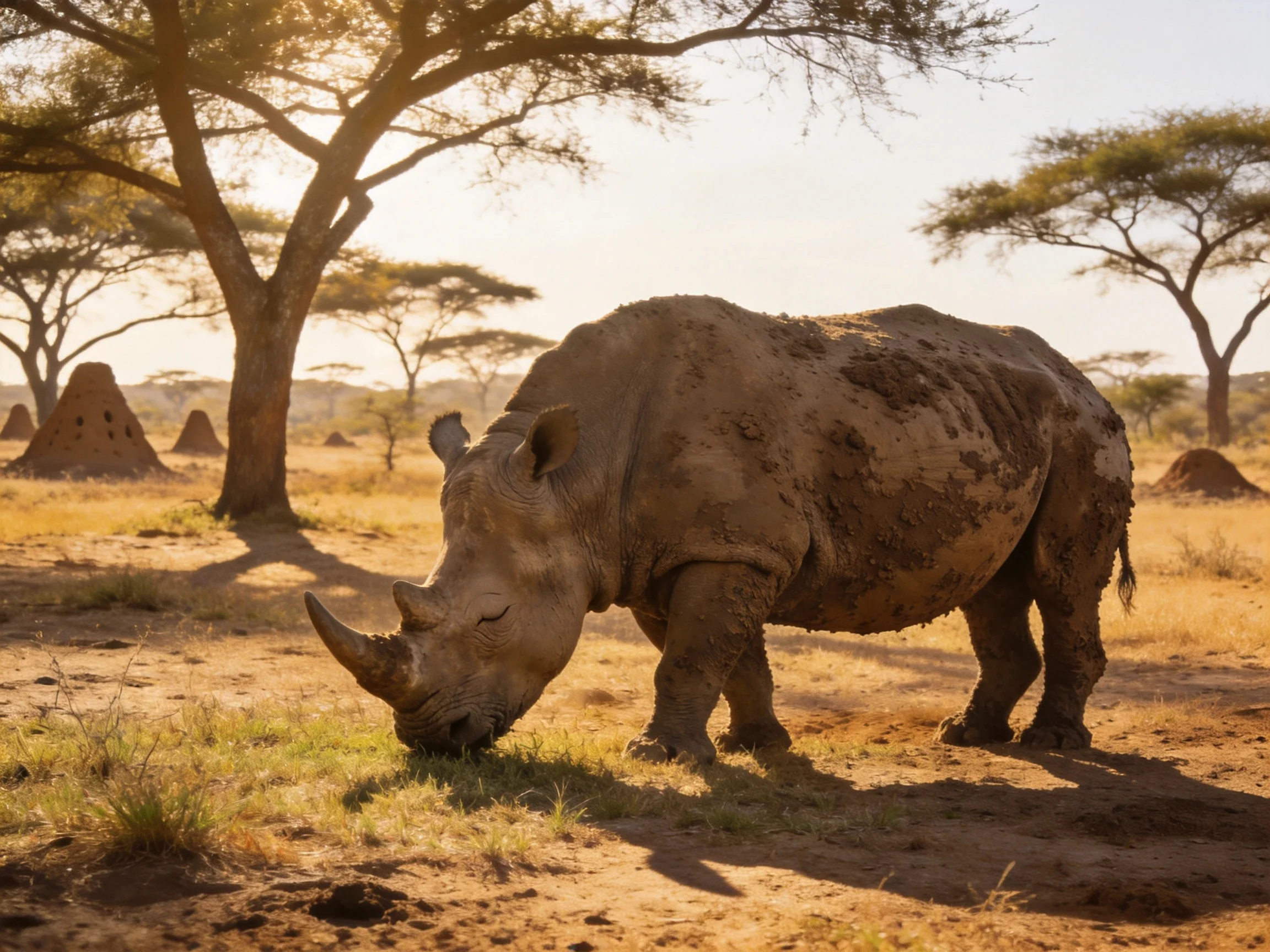 A mud-covered rhinoceros grazes in a sunlit savannah with acacia trees
