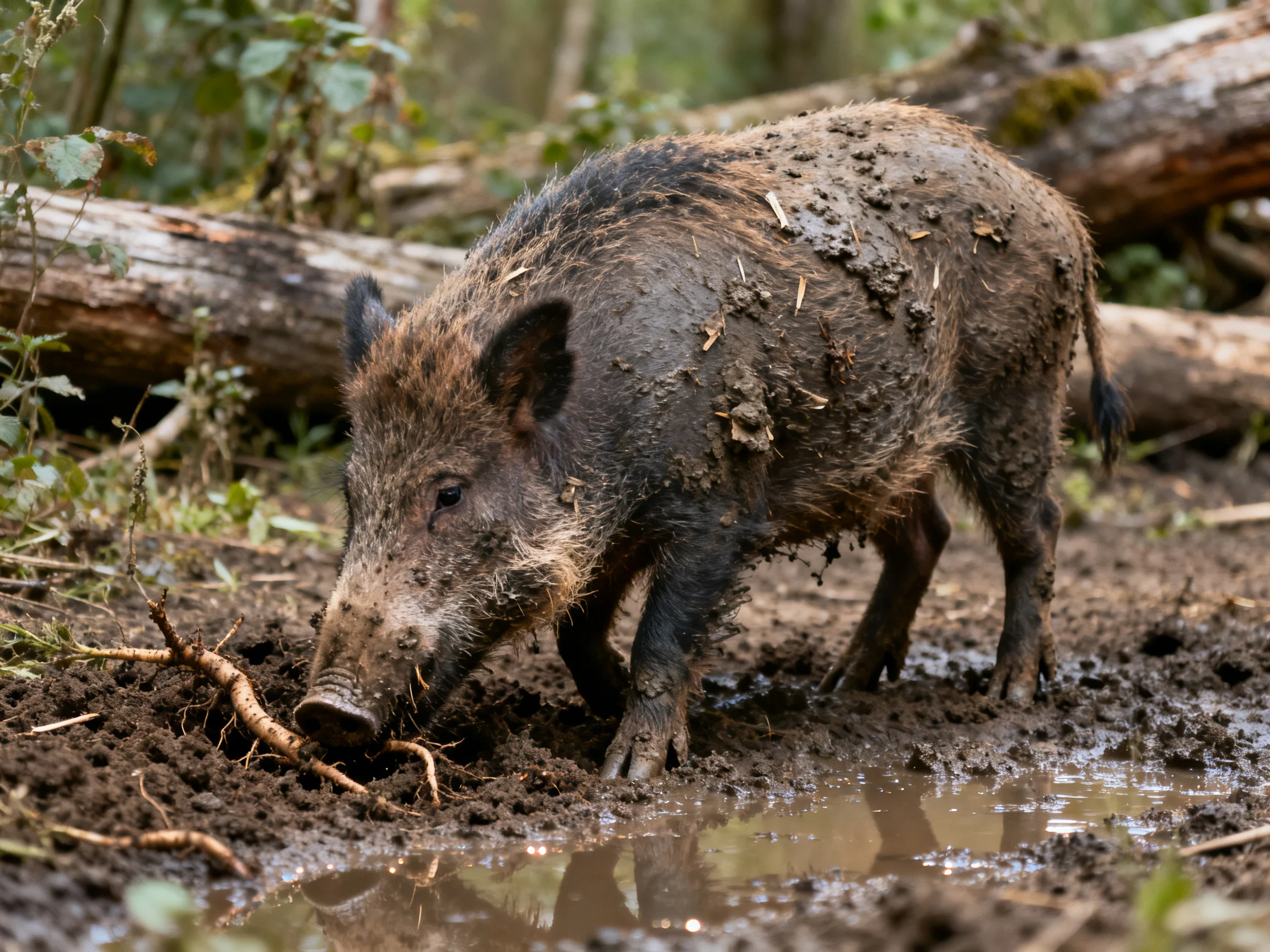 A mud - covered wild boar forages near fallen logs in a forest