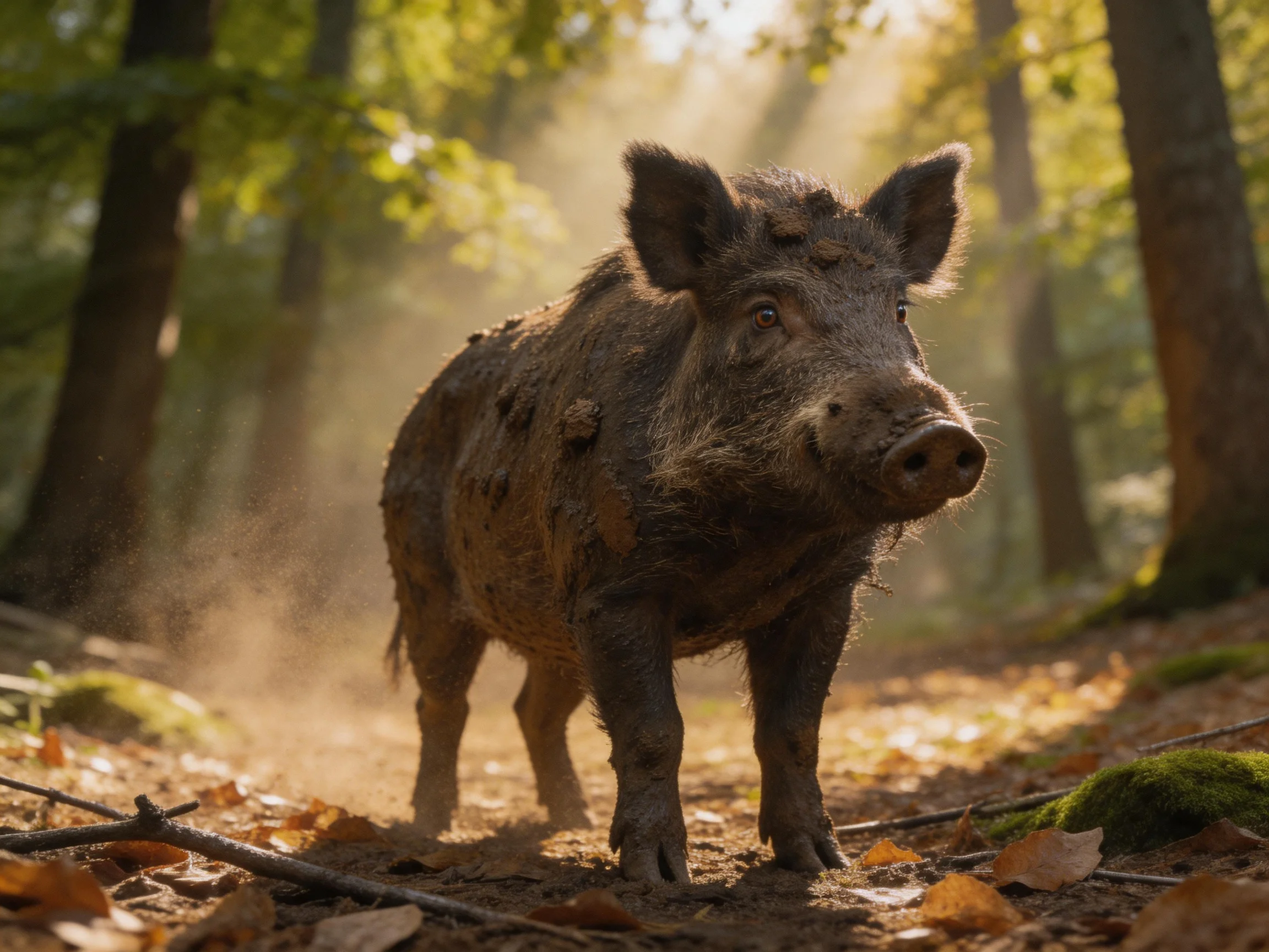 A mud-covered wild boar in a sunlit forest trail