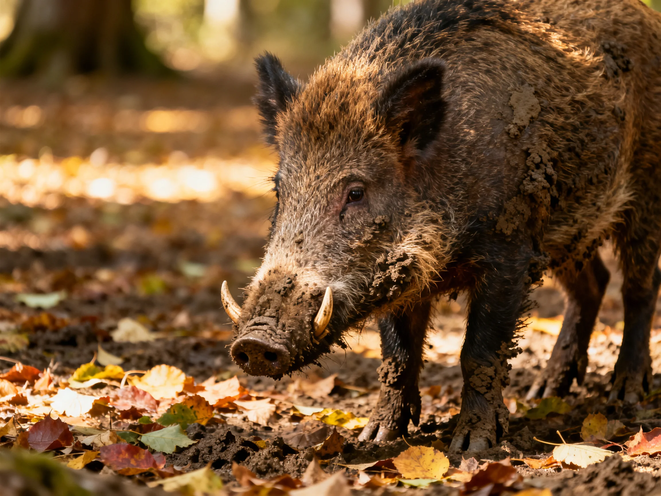 A mud-covered wild boar roams a forest floor with autumn leaves
