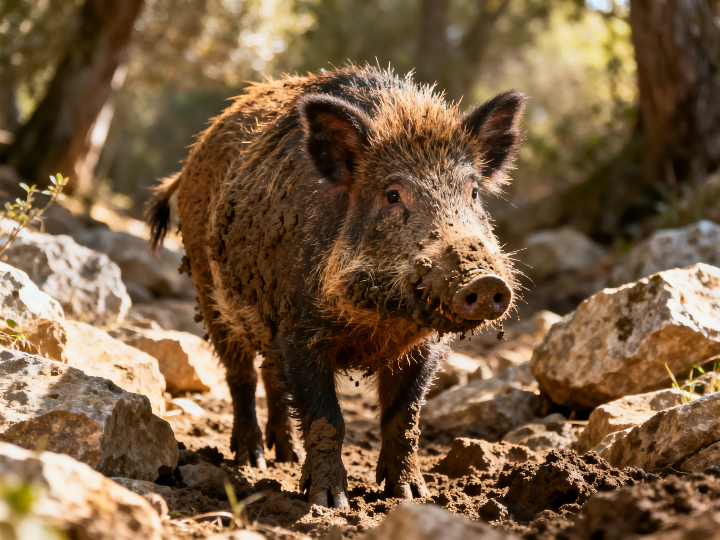 A mud-covered wild boar roams rocky terrain in a sunlit forest