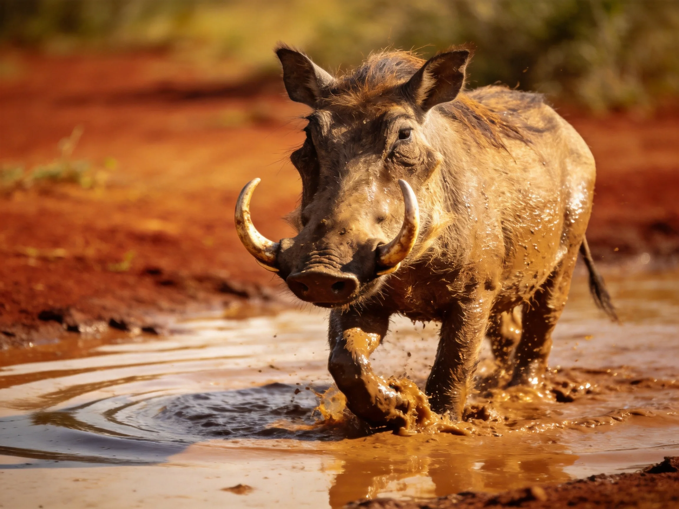 A mud-splattered warthog with large curved tusks moves through reddish terrain near a waterhole