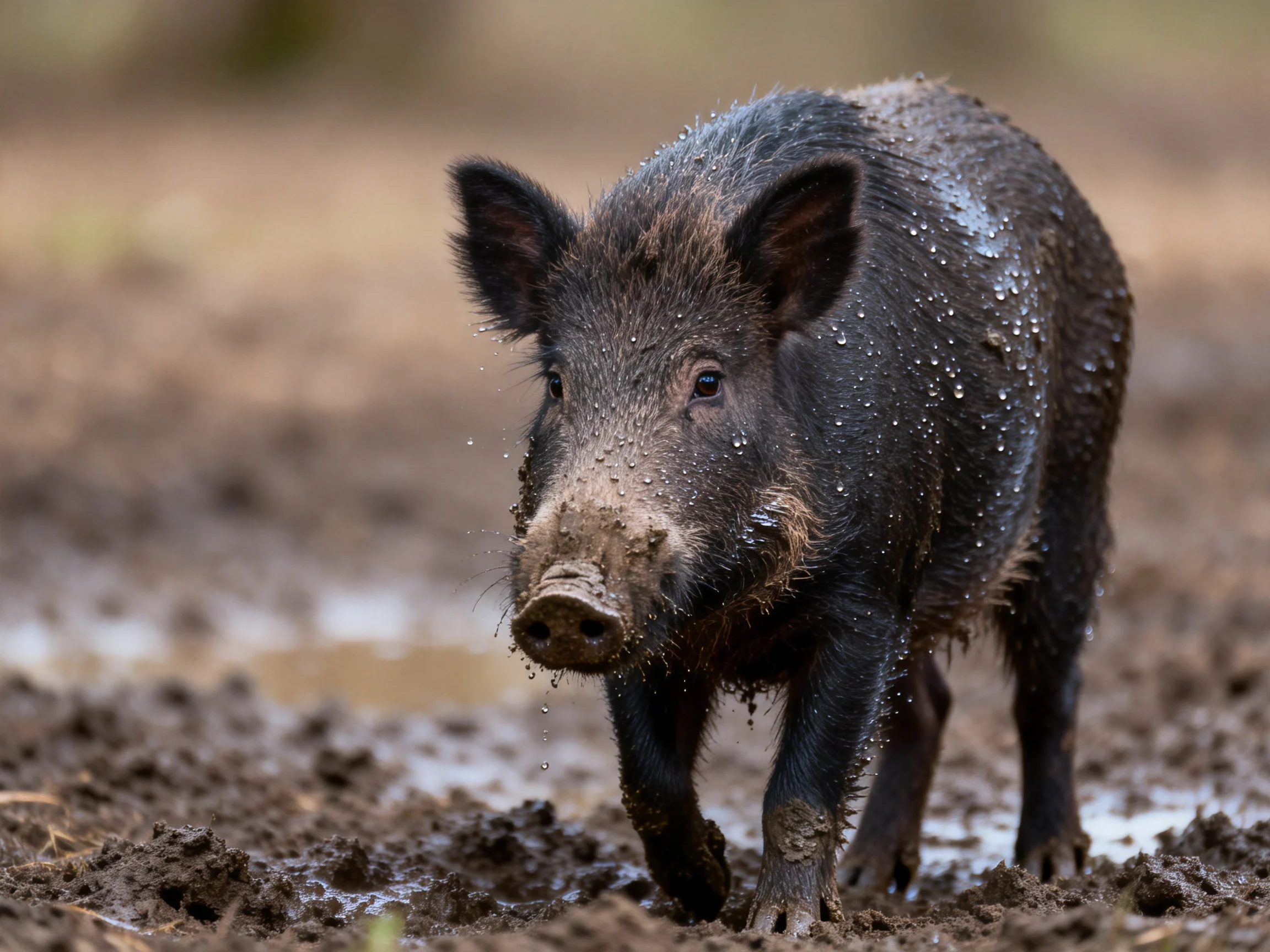 A muddy black boar walks through wet mud in a natural setting.