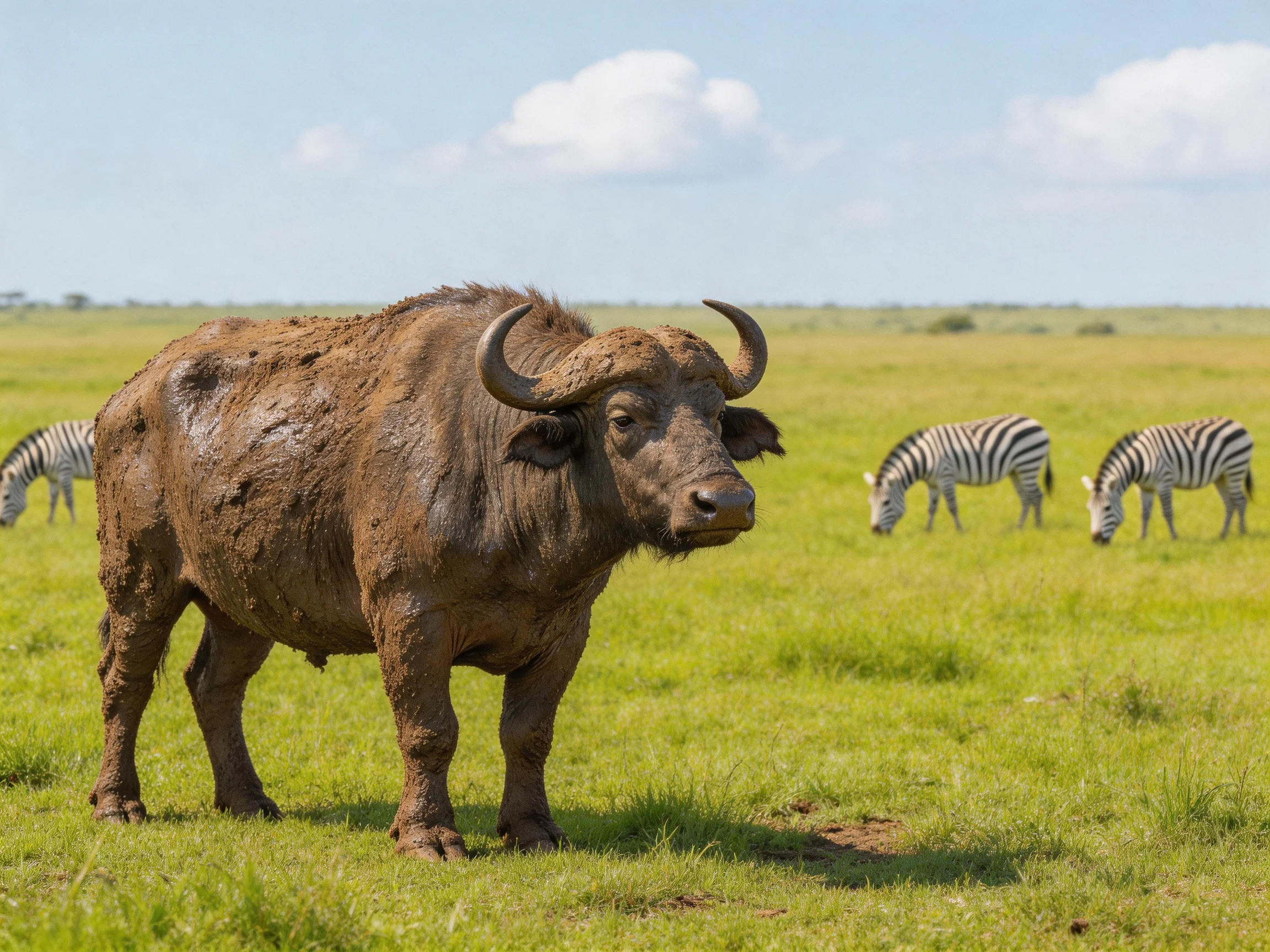 A muddy buffalo stands near zebras in a sunlit savannah