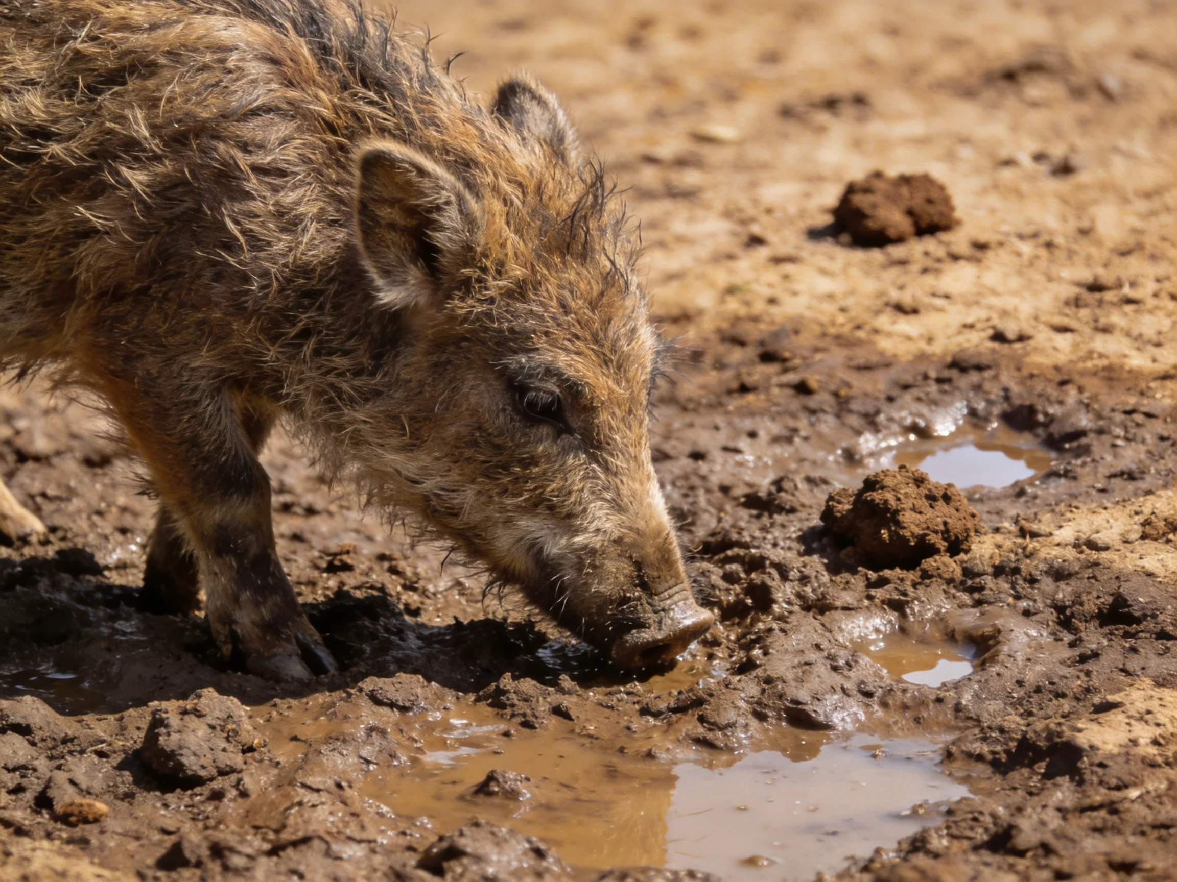 A muddy terrain with a brown boar drinking from a small water pool