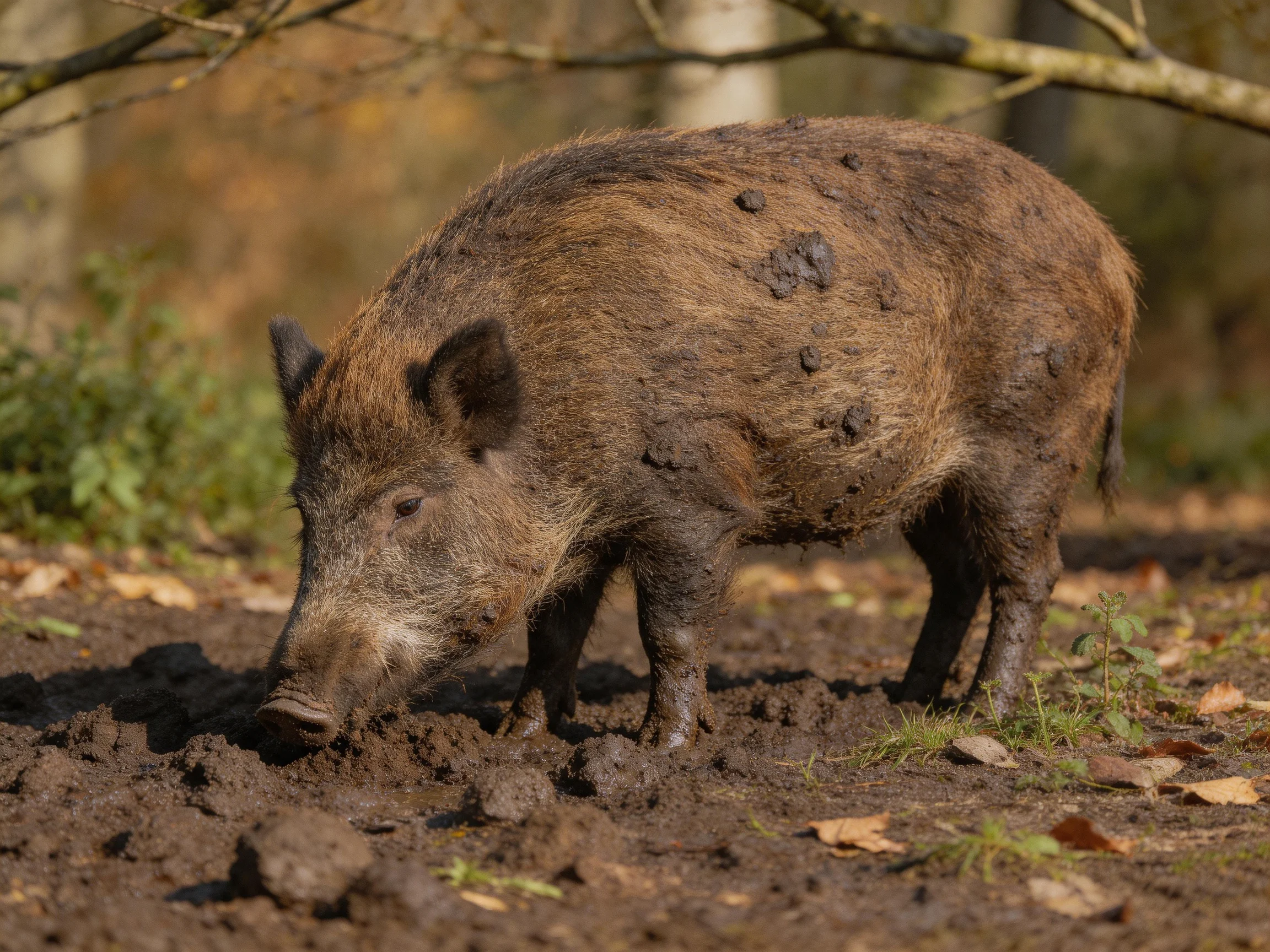 A muddy wild boar forages in an autumnal forest clearing