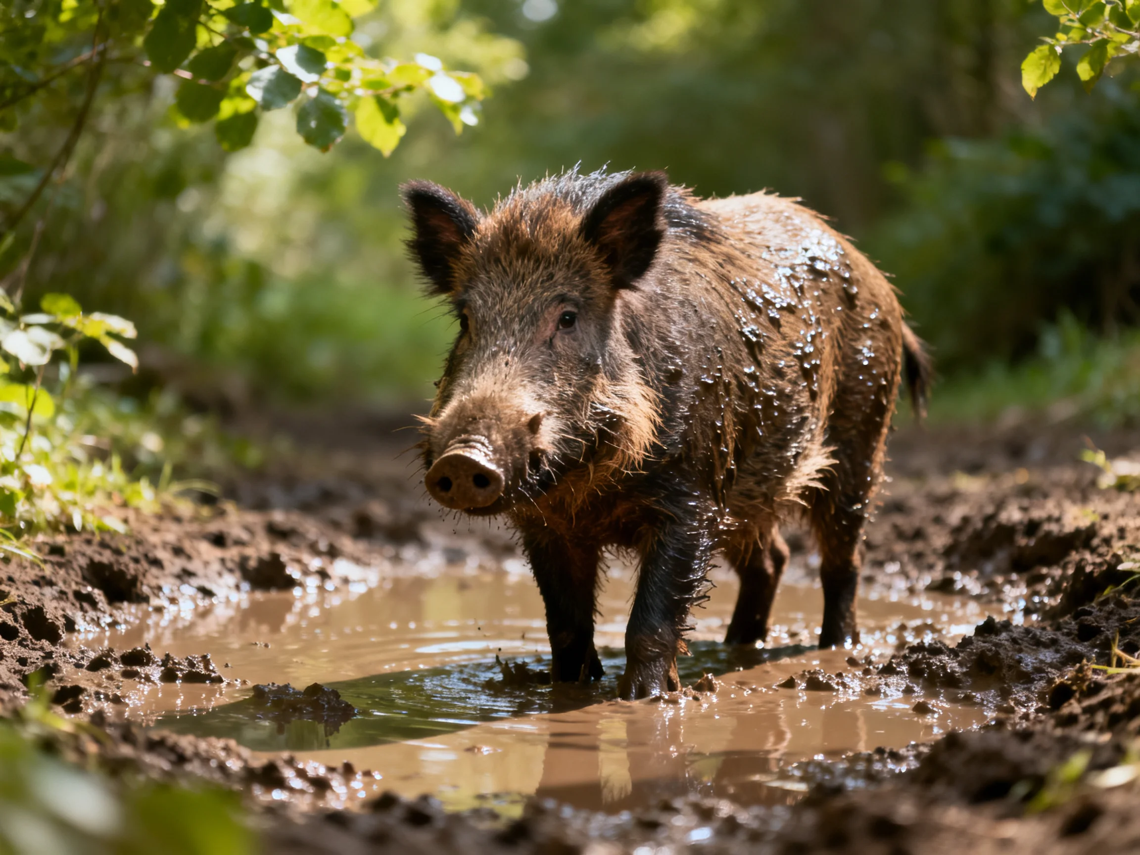 A muddy wild boar in a forest water path