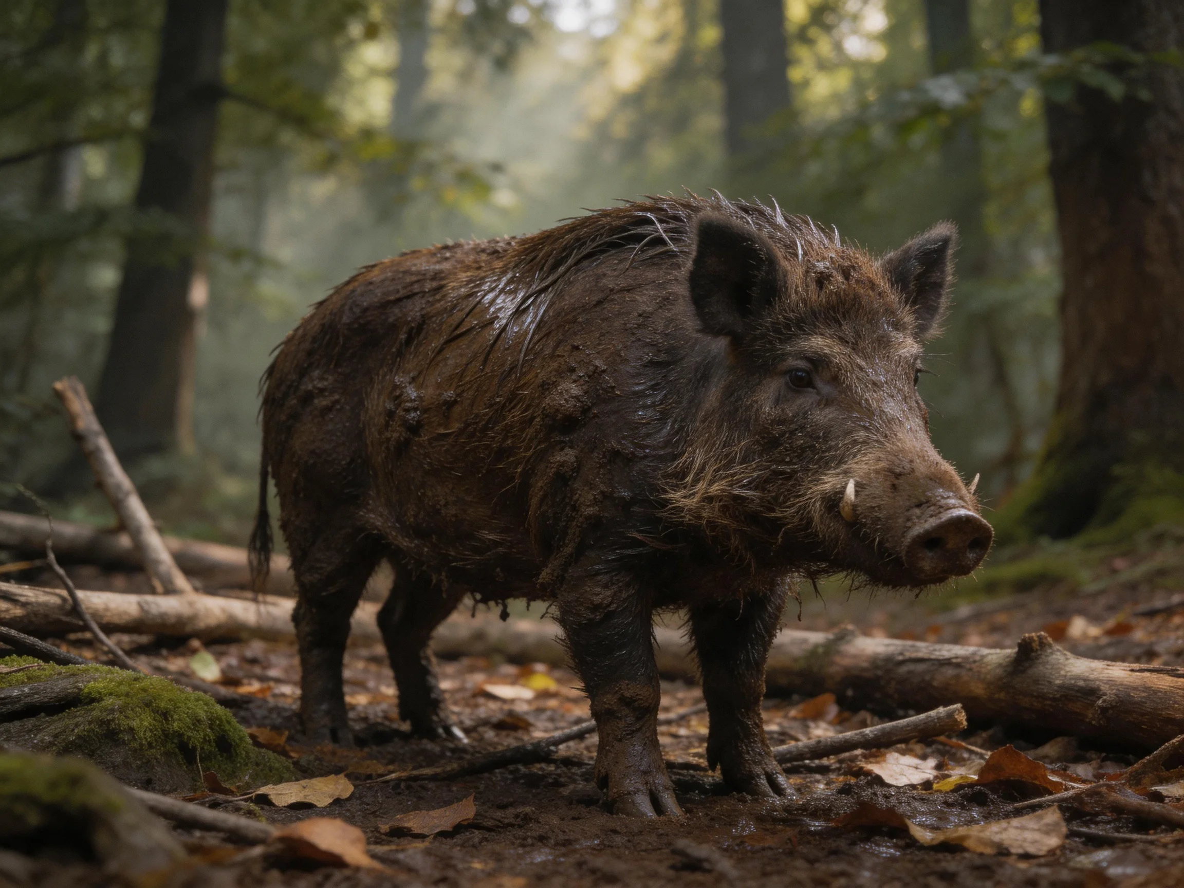 A muddy wild boar in a misty forest with fallen logs