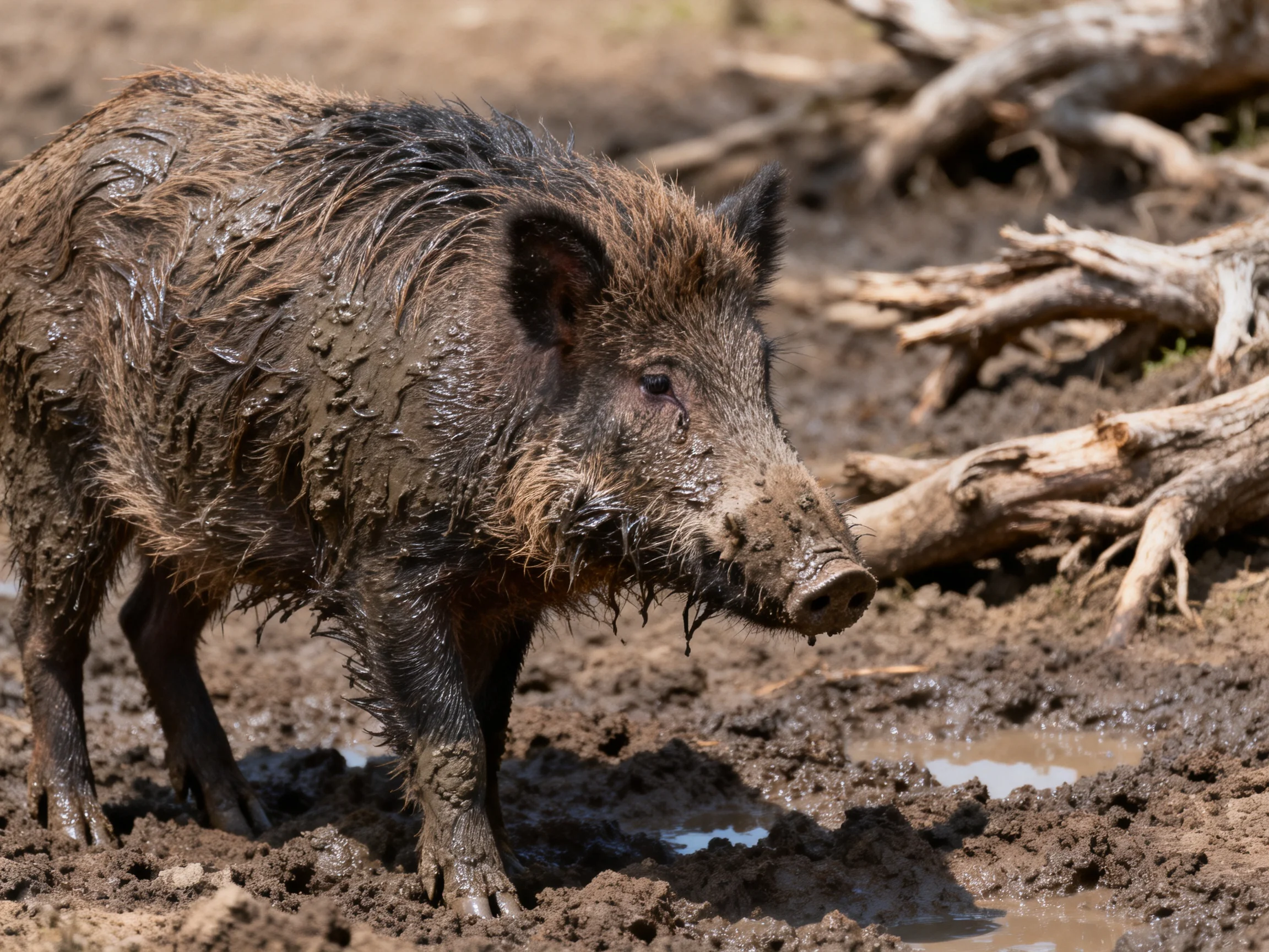 A muddy wild boar moves through a muddy landscape.