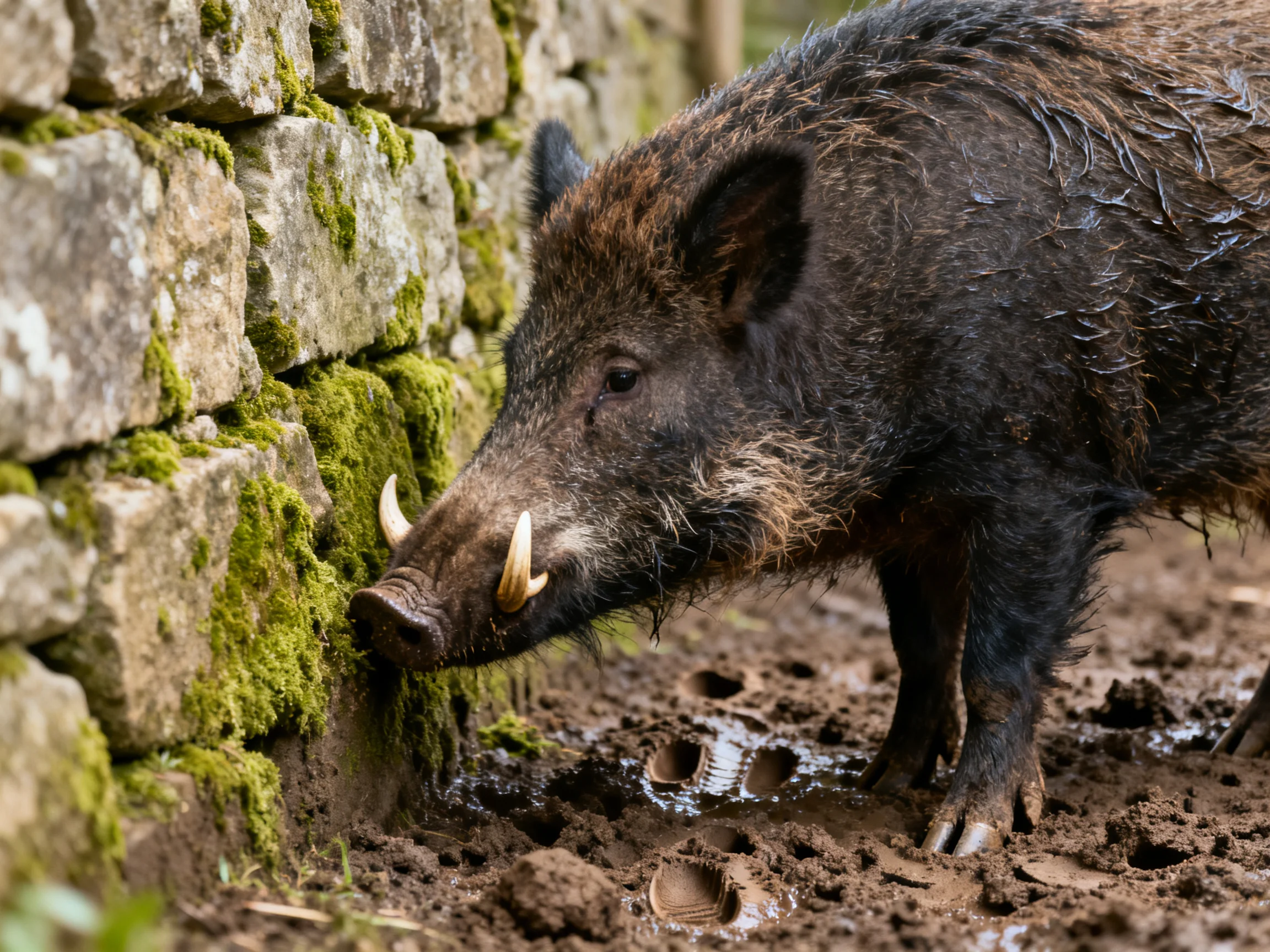 A muddy wild boar inspects a moss-covered stone wall