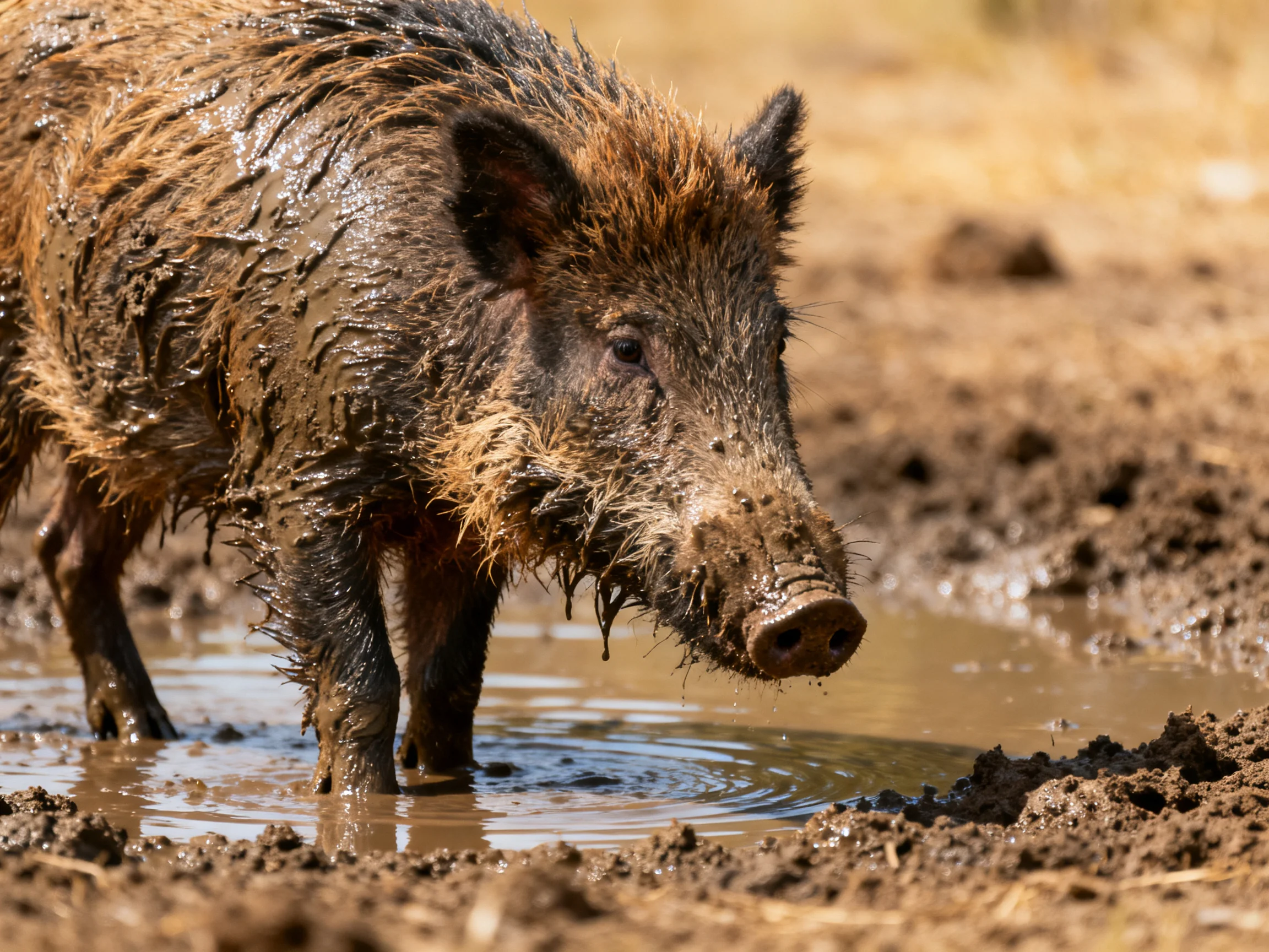 A muddy wild boar wading in a shallow muddy water pool