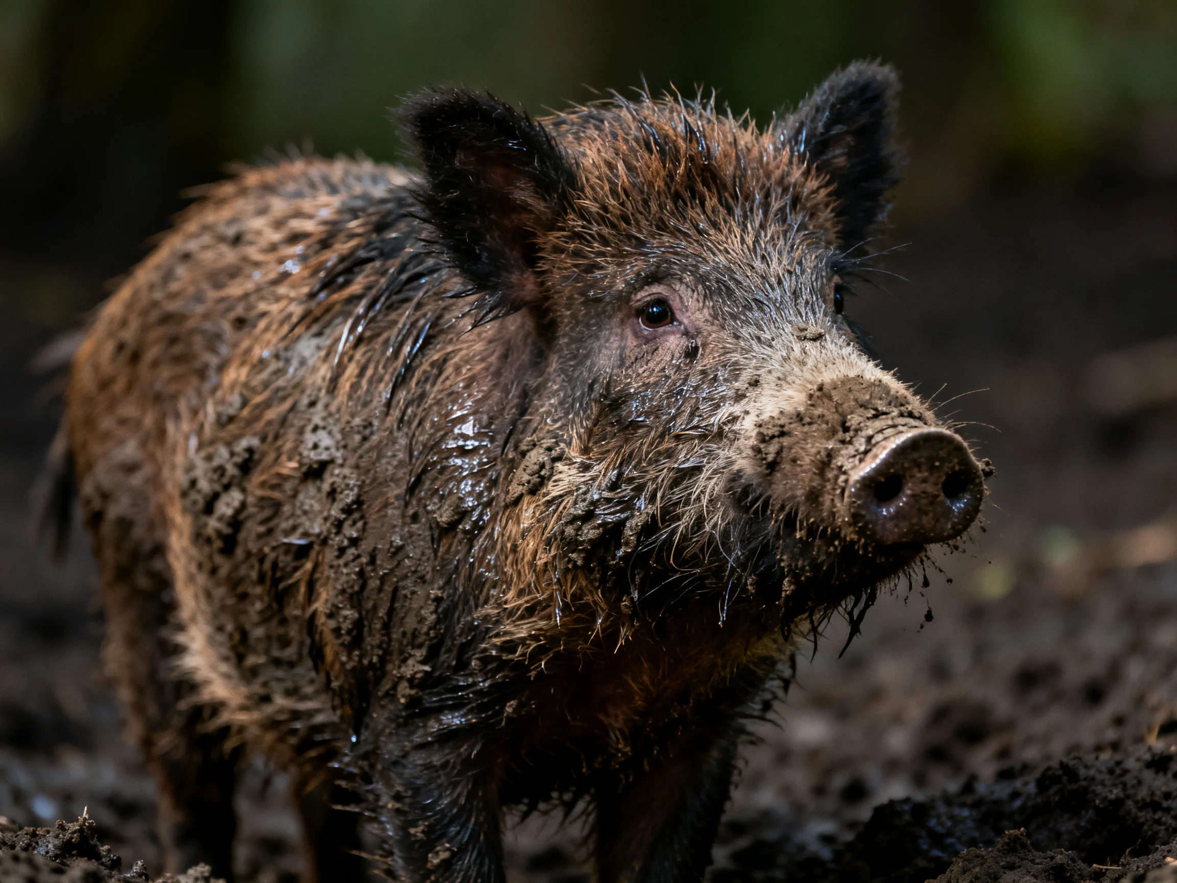 A muddy wild boar with wet brown fur in a dark forest clearing