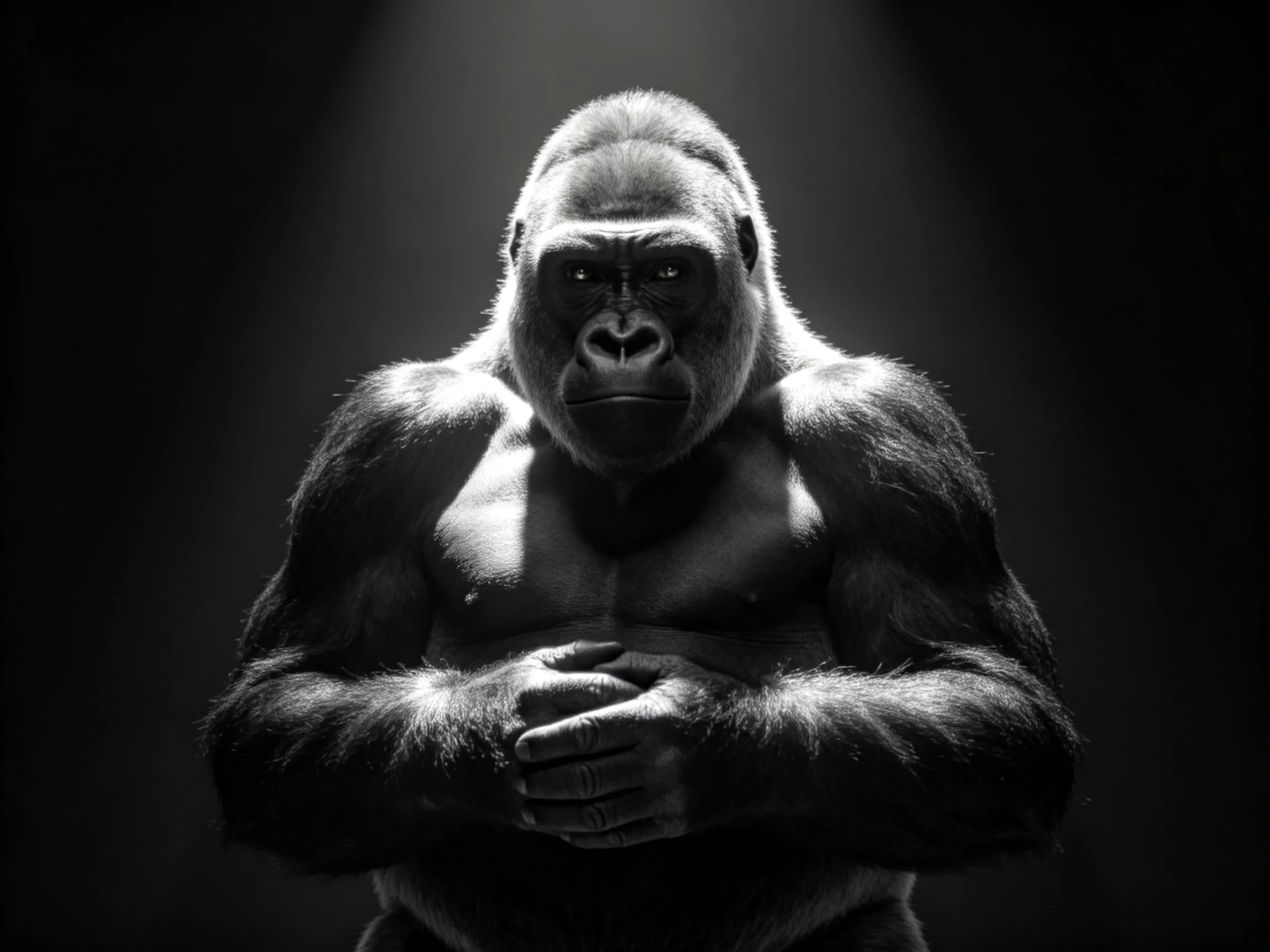 A muscular silverback gorilla illuminated by intense spotlight