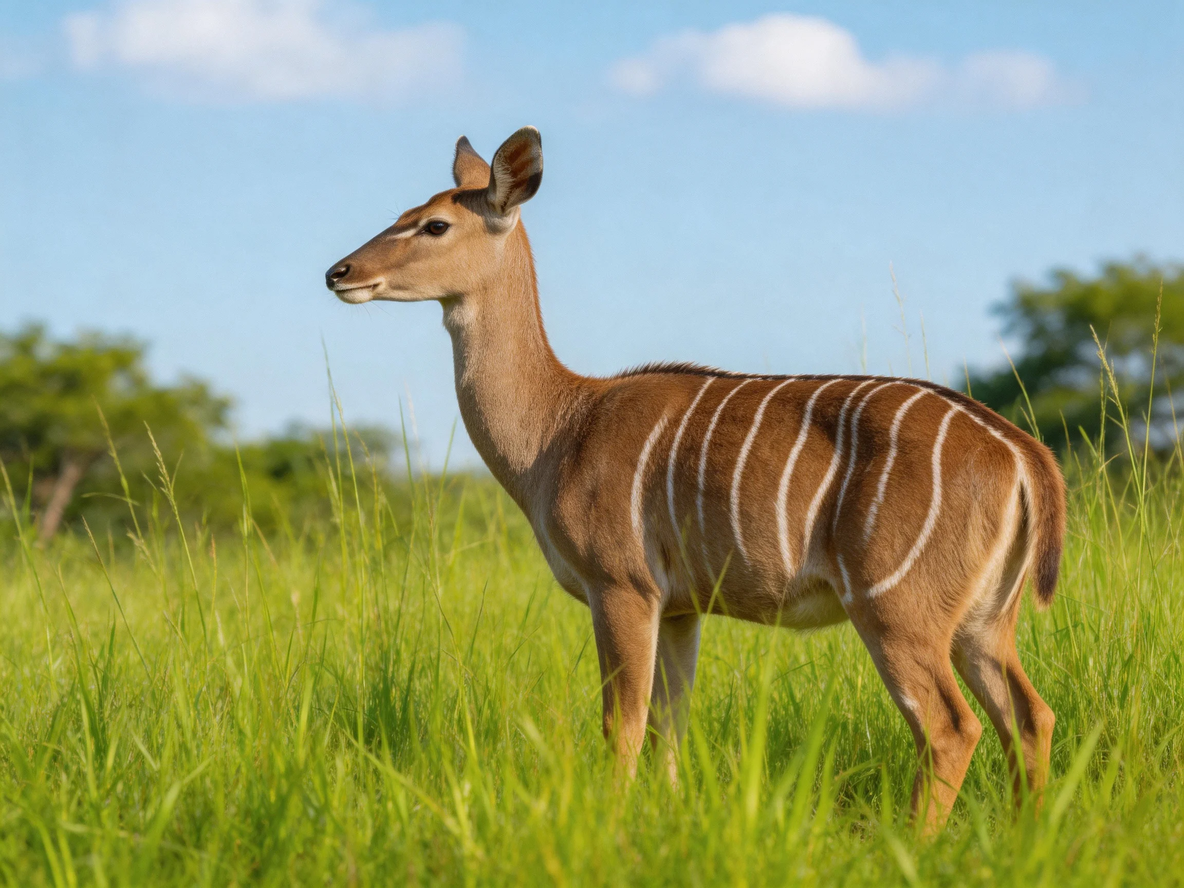 A nyala with brown coat and white stripes stands in tall green grass