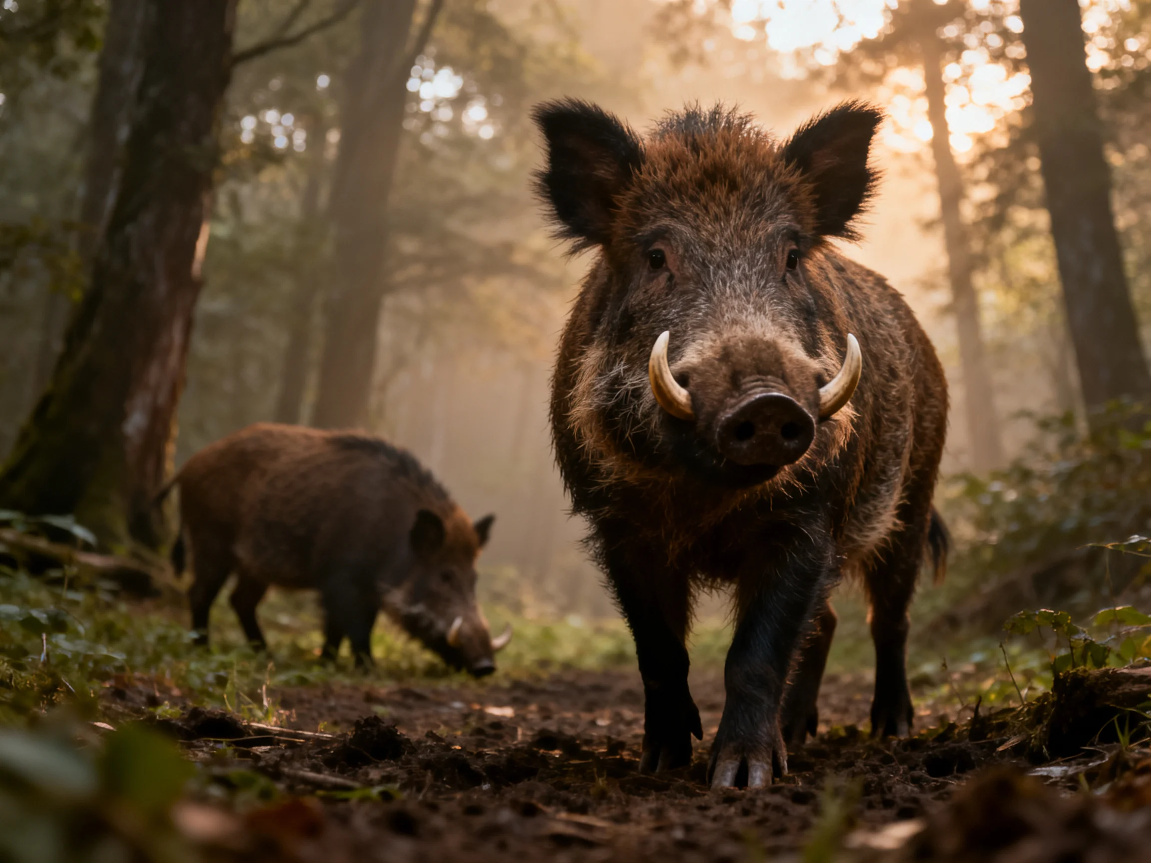 A pair of wild boars in a misty, sun-drenched forest clearing