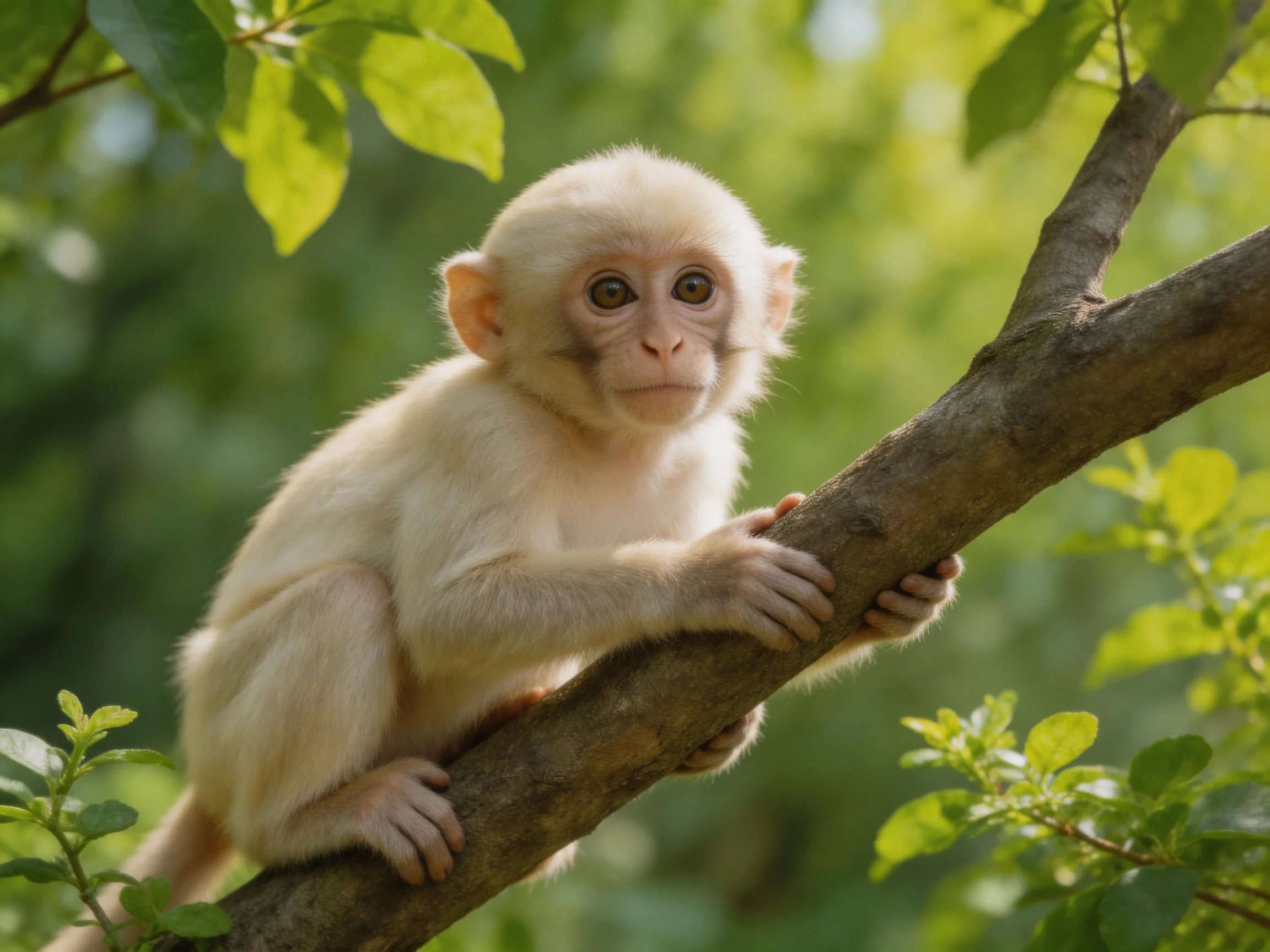 A pale-furred monkey clings to a brown tree branch amid green foliage