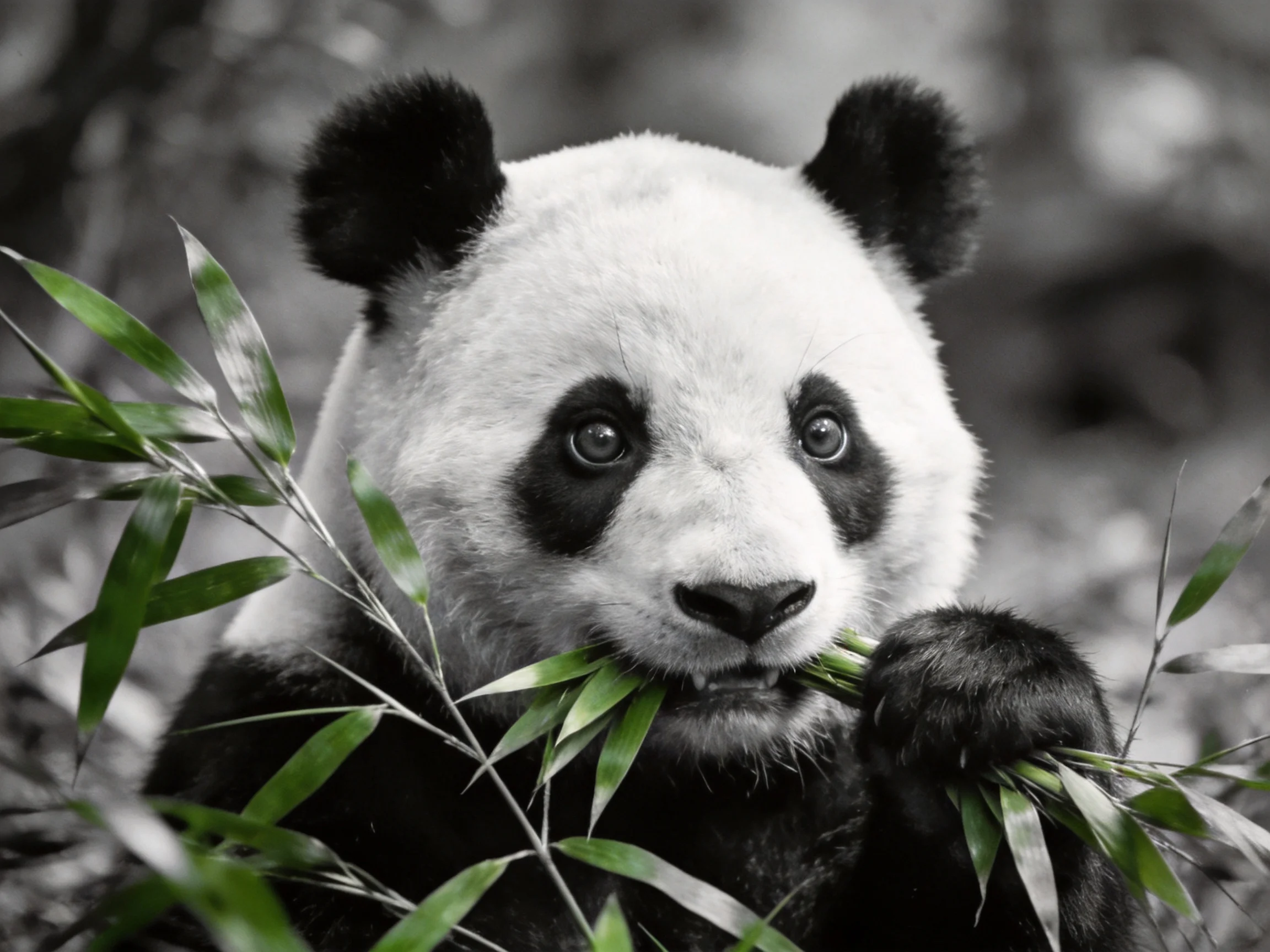 A panda munching vibrant green bamboo amid monochrome surroundings
