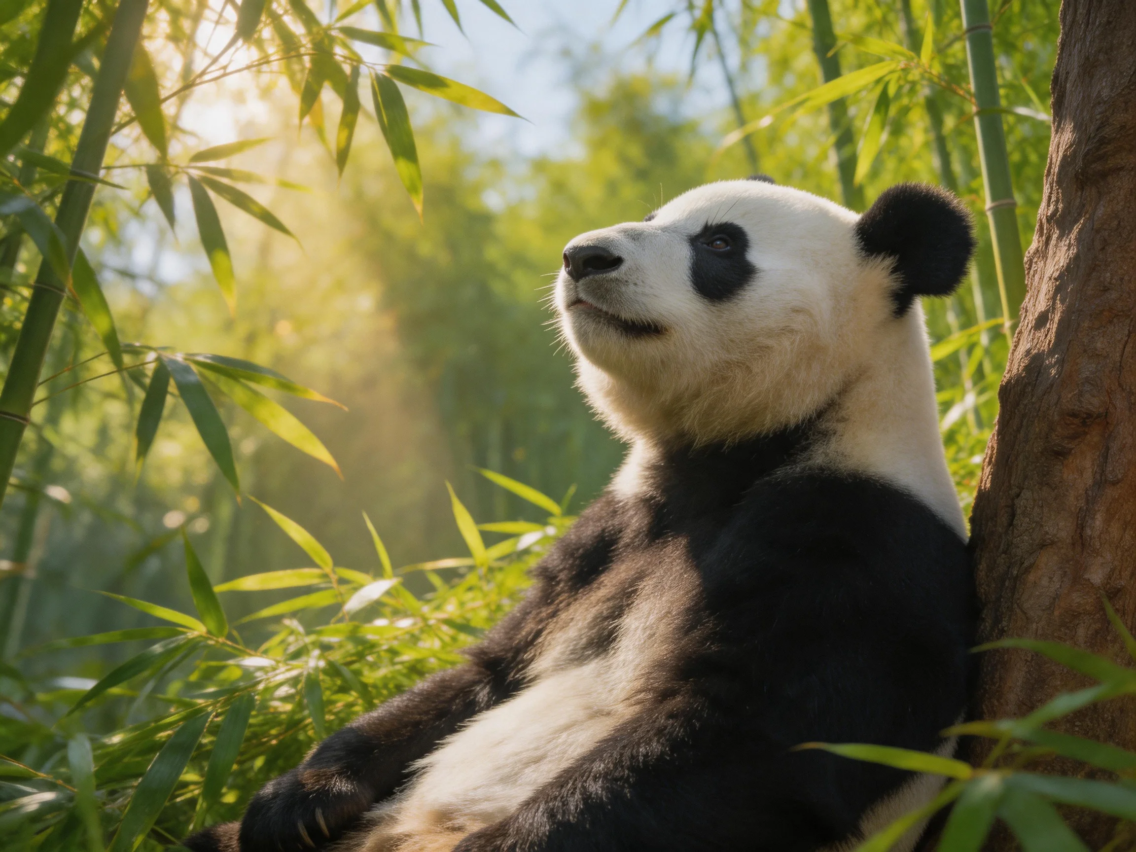 A panda rests against a tree amid lush bamboo foliage with sunlight filtering through