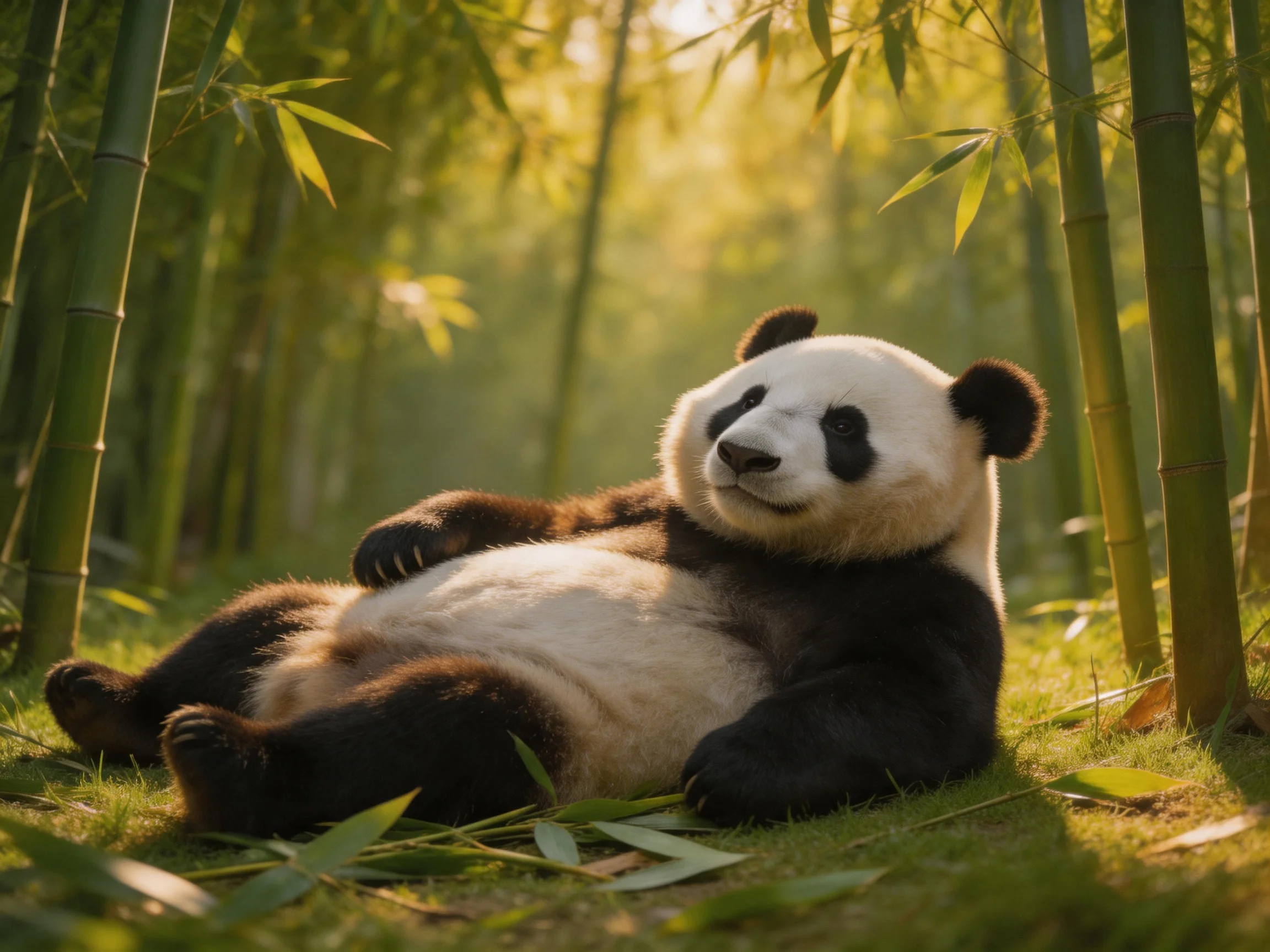 A panda rests in a sunlit bamboo forest clearing