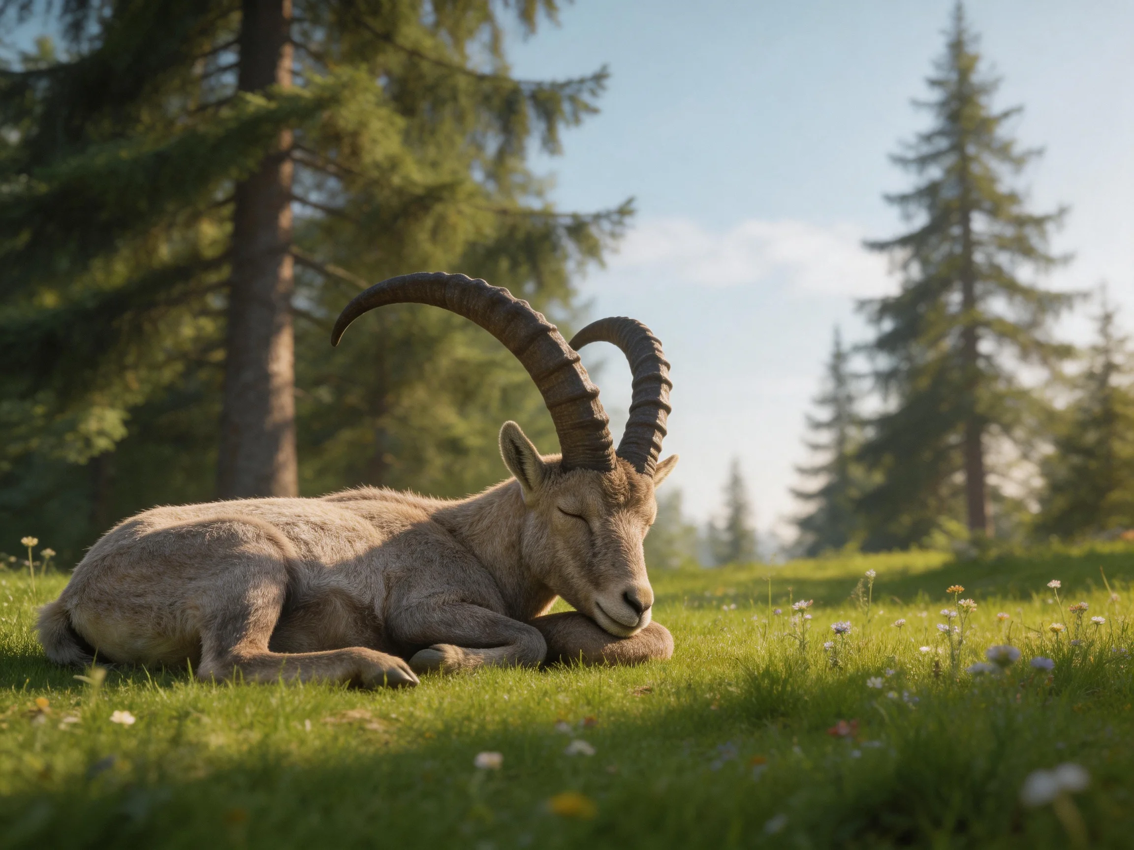 A peaceful ibex rests on verdant grass near tall pine trees
