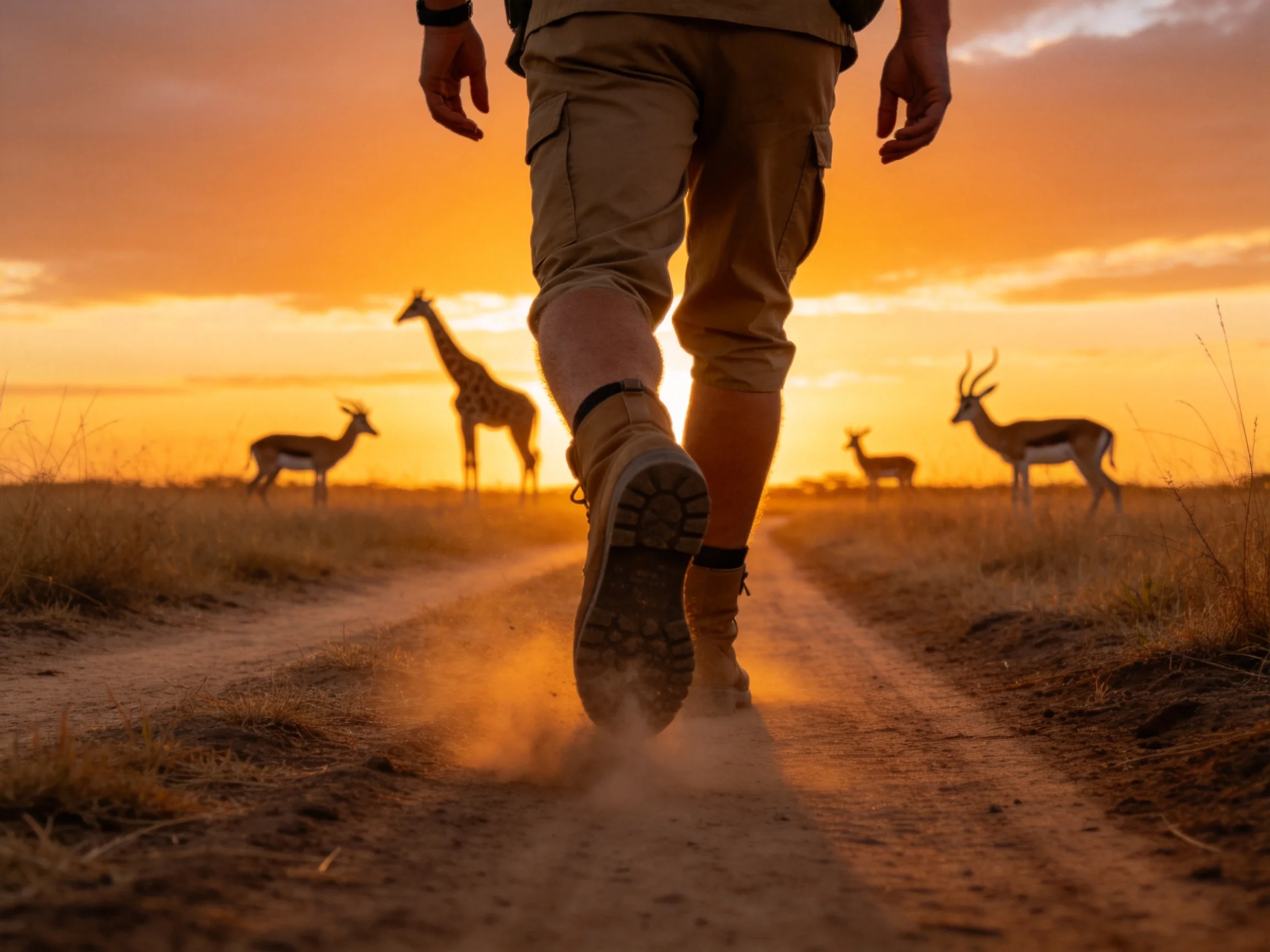 A person hiking near wildlife at golden sunset