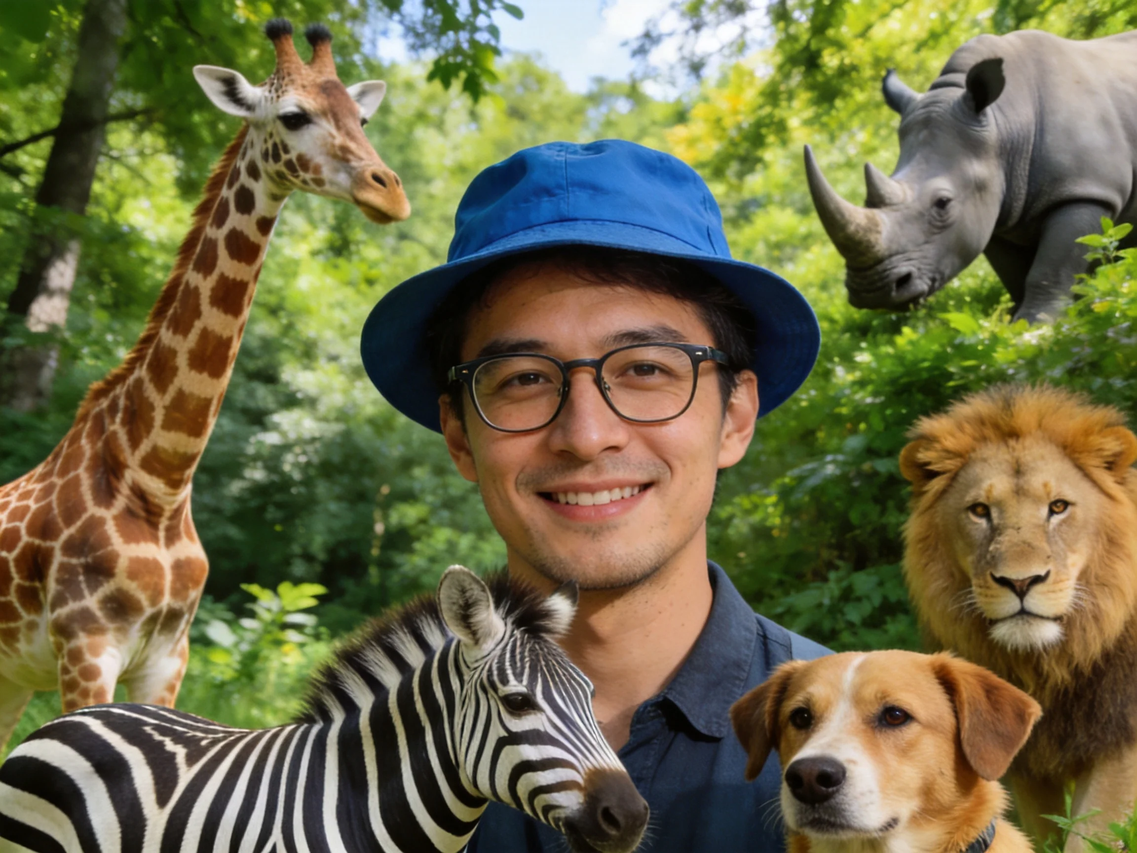 A person in a blue hat surrounded by five diverse animals amid lush greenery