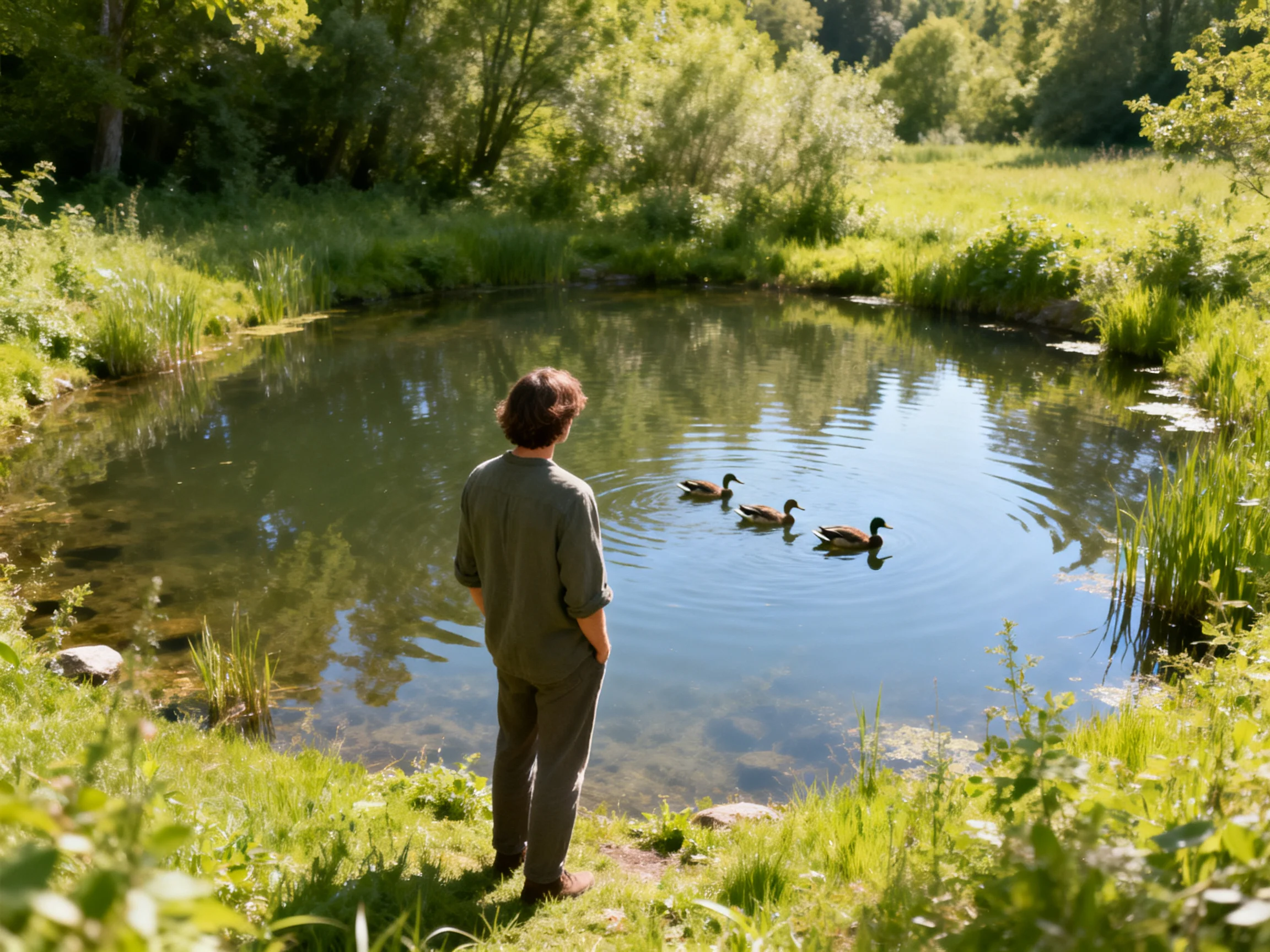A person observes three ducks swimming in a clear pond surrounded by greenery