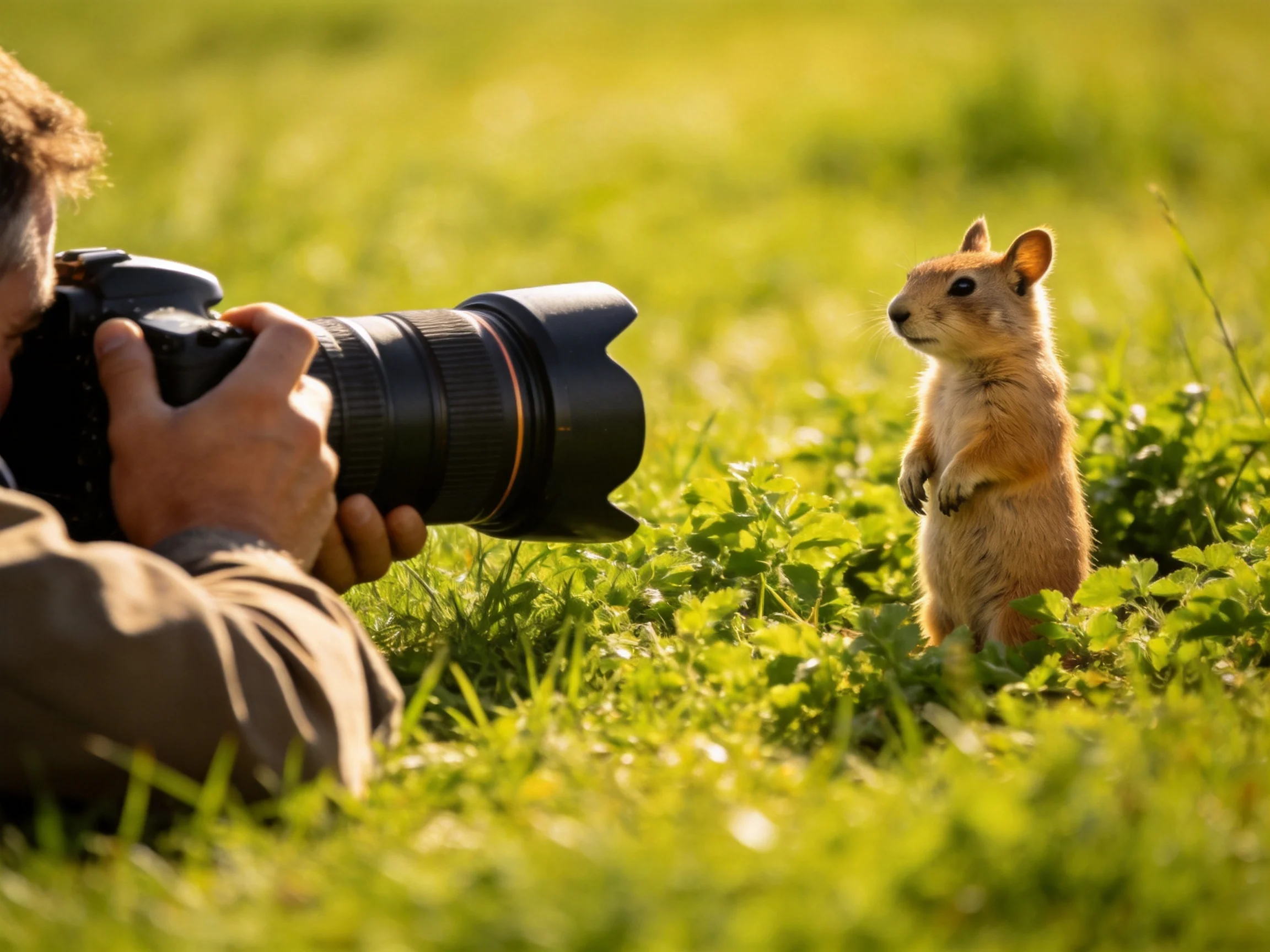 A photographer photographs a curious squirrel in a grassy meadow.