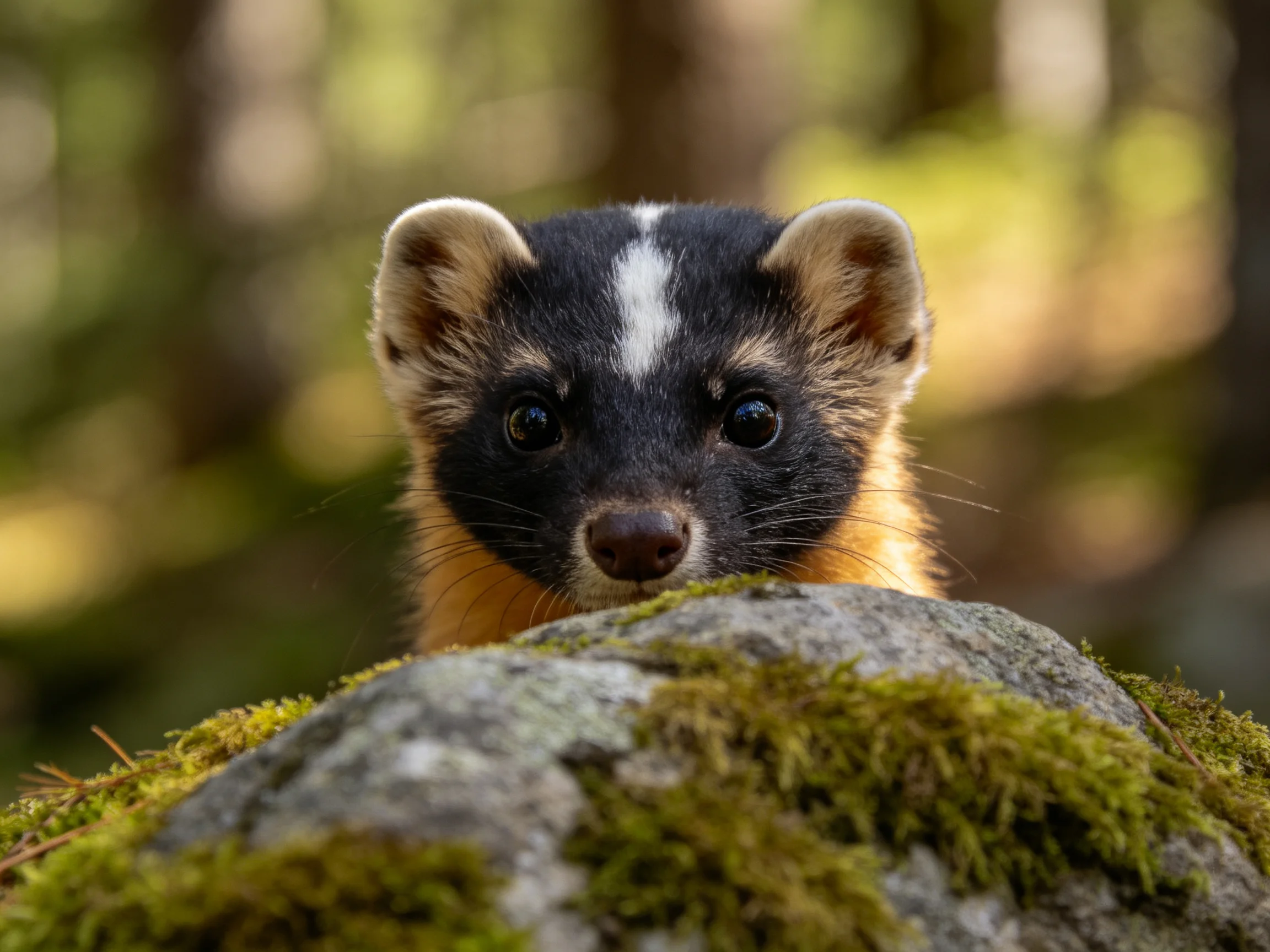 A pine marten peeks from behind a moss - covered rock in a forest.