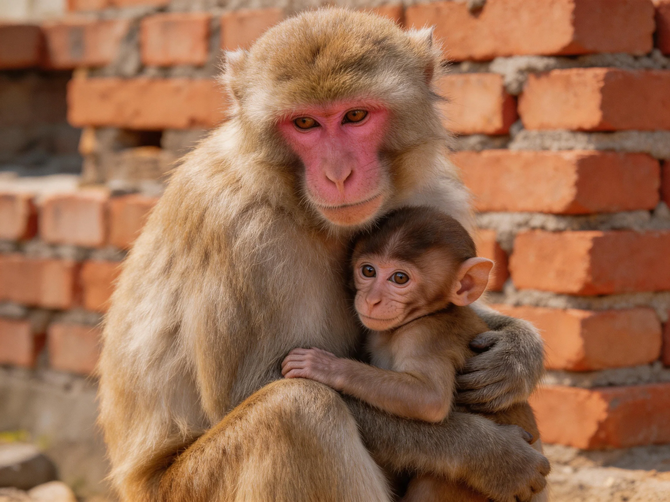 A pink-faced adult monkey cradles a young monkey near a red brick wall